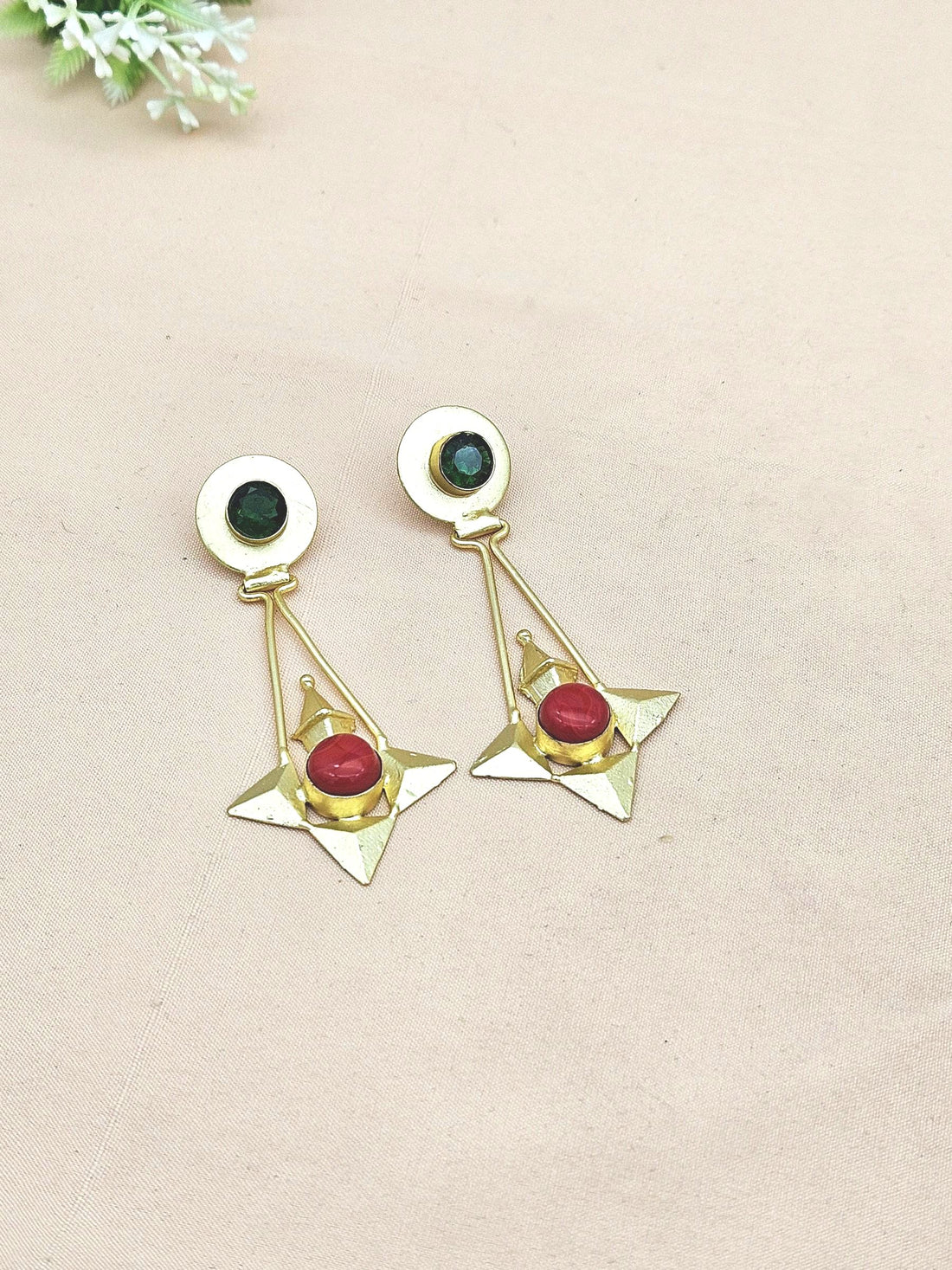 Elegant Gold plated Red & Green Glass stone Charming Designer Dangle Drop Earrings