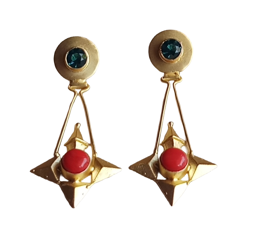 Elegant Gold plated Red & Green Glass stone Charming Designer Dangle Drop Earrings