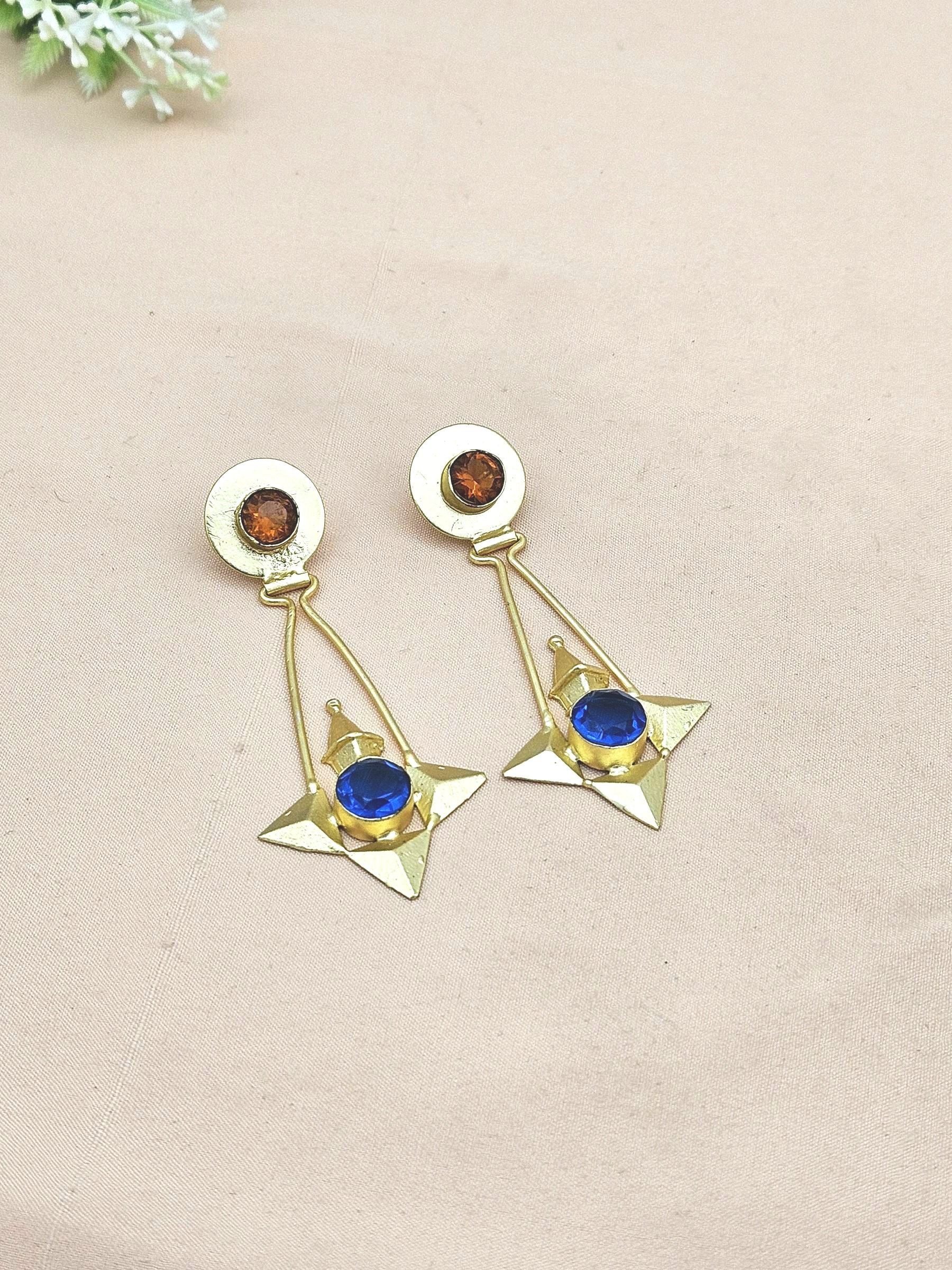 Elegant Gold plated Yellow & Blue Glass stone Charming Designer Dangle Drop Earrings