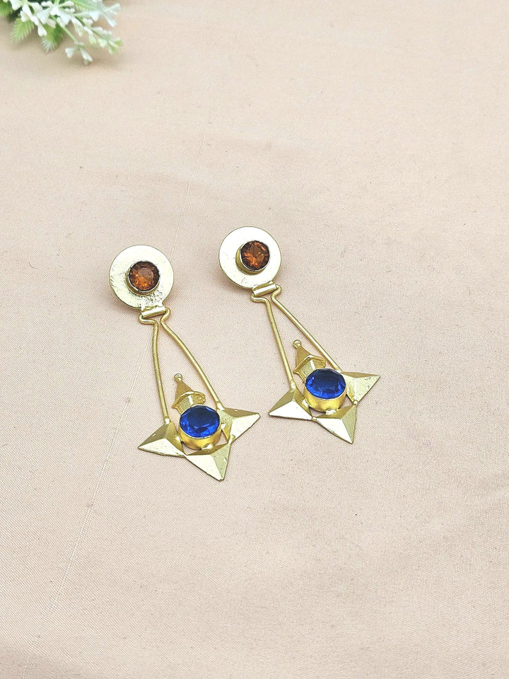 Elegant Gold plated Yellow & Blue Glass stone Charming Designer Dangle Drop Earrings