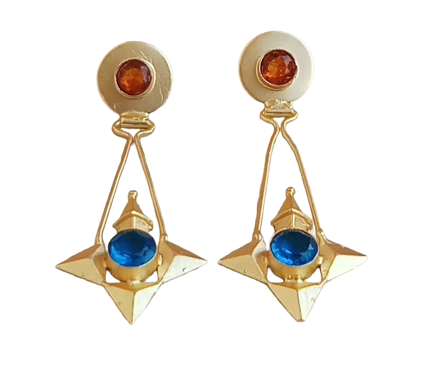 Elegant Gold plated Yellow & Blue Glass stone Charming Designer Dangle Drop Earrings