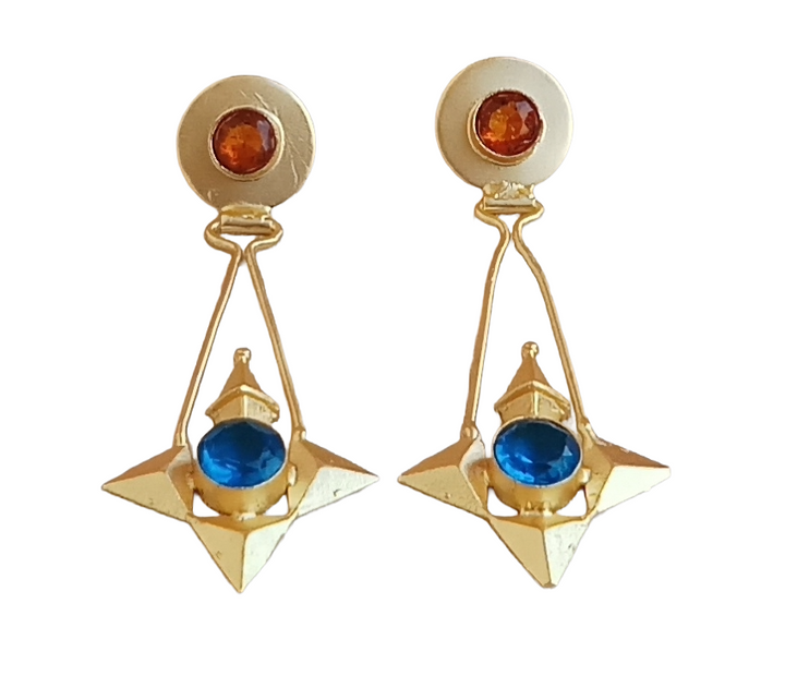 Elegant Gold plated Yellow & Blue Glass stone Charming Designer Dangle Drop Earrings