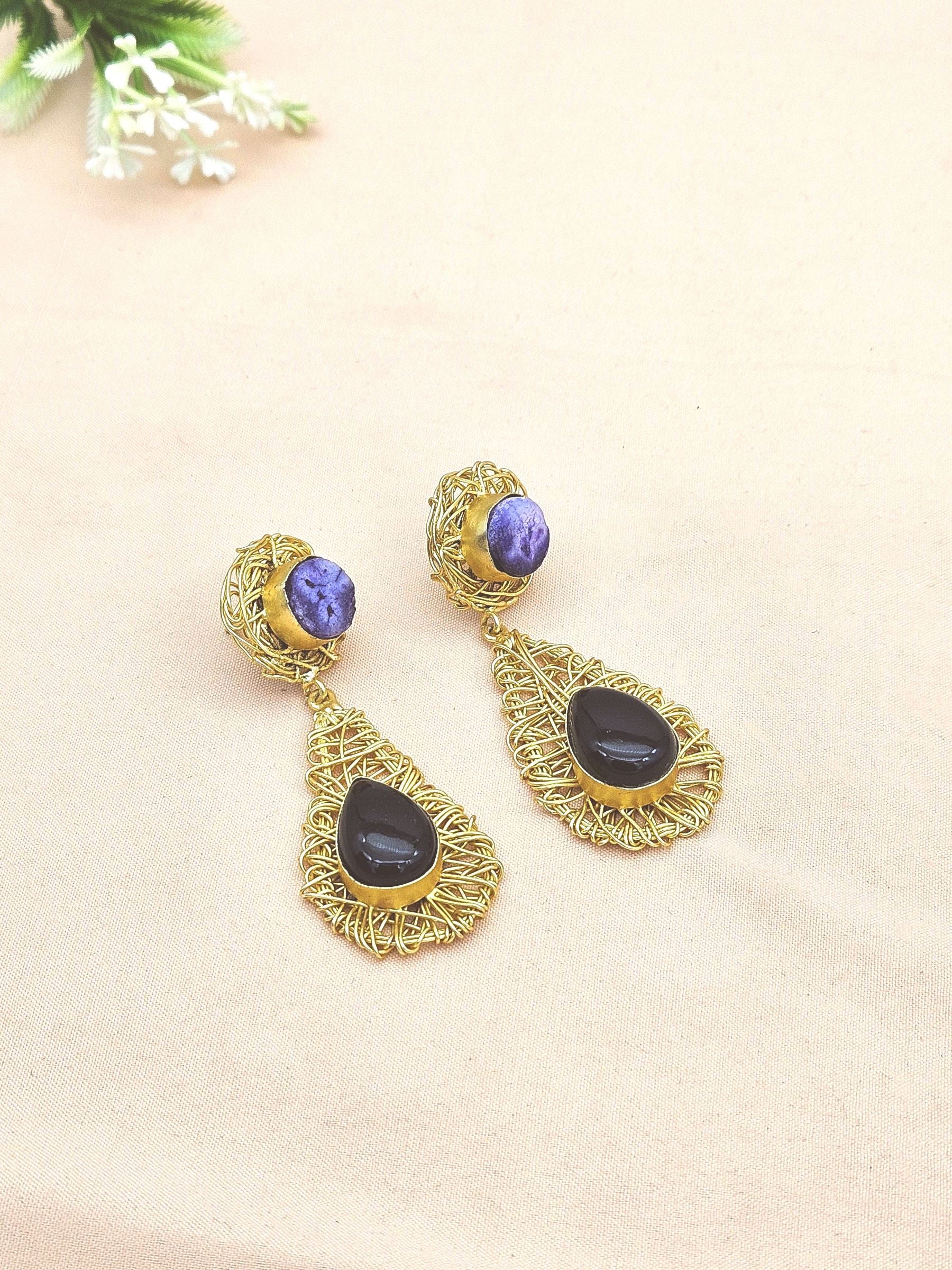 Artistic Handcrafted  Golden Black Onyx-Blue Solar Quartz Gem Stone Wire Wrapped Dangle Drop Earrings
