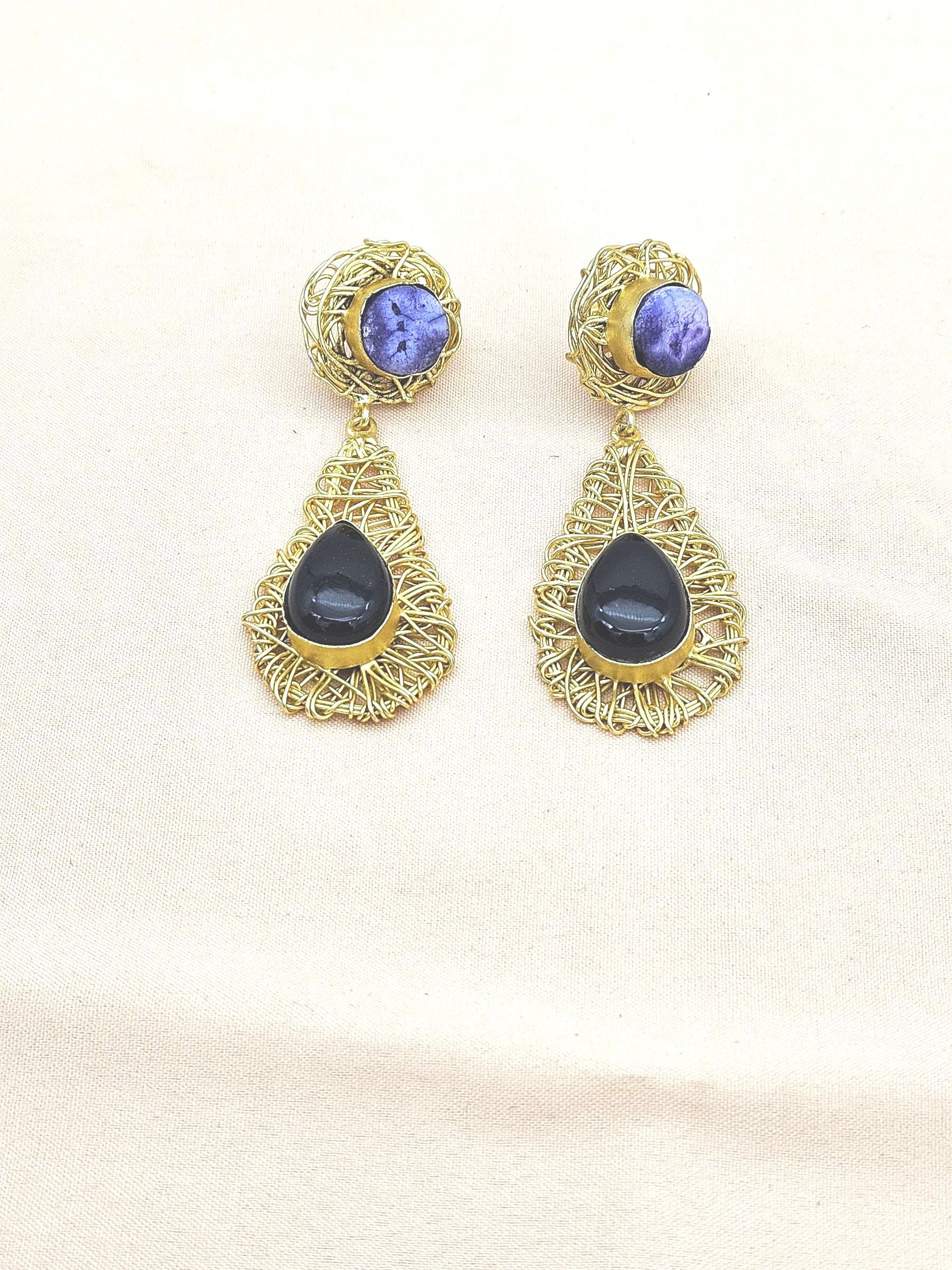Artistic Handcrafted  Golden Black Onyx-Blue Solar Quartz Gem Stone Wire Wrapped Dangle Drop Earrings