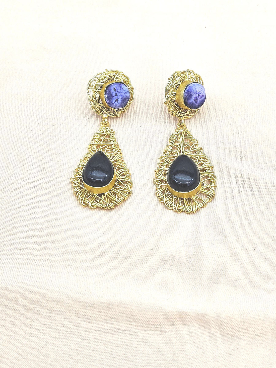 Artistic Handcrafted  Golden Black Onyx-Blue Solar Quartz Gem Stone Wire Wrapped Dangle Drop Earrings
