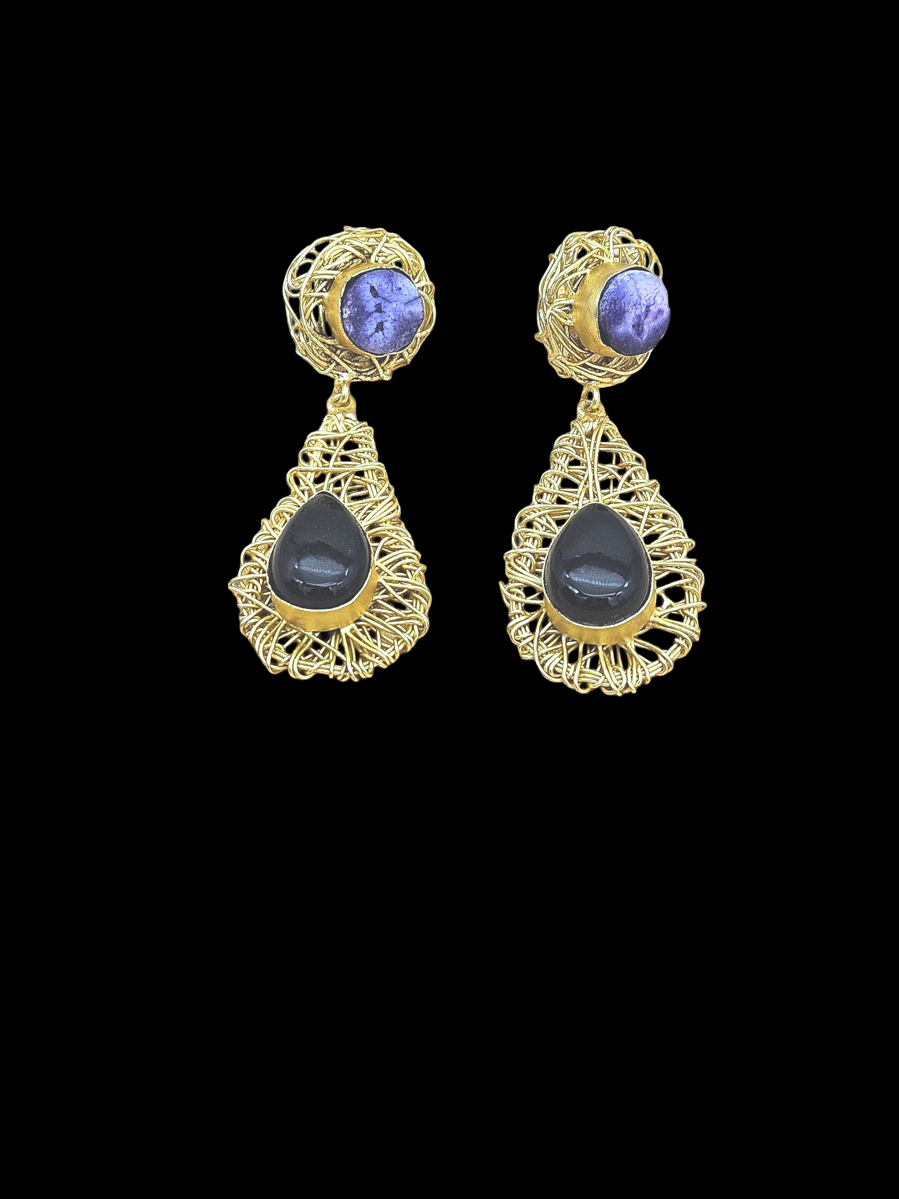 Artistic Handcrafted  Golden Black Onyx-Blue Solar Quartz Gem Stone Wire Wrapped Dangle Drop Earrings