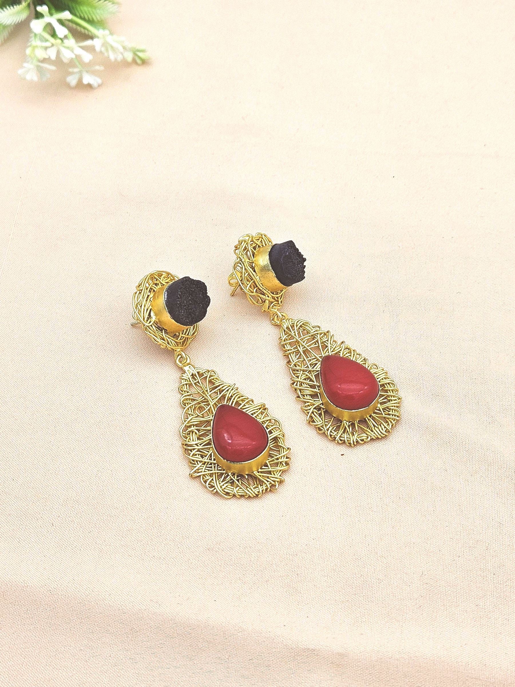 Artistic Handcrafted  Golden Black Druzy-Coral Gem Stone Wire Wrapped Dangle Drop Earrings