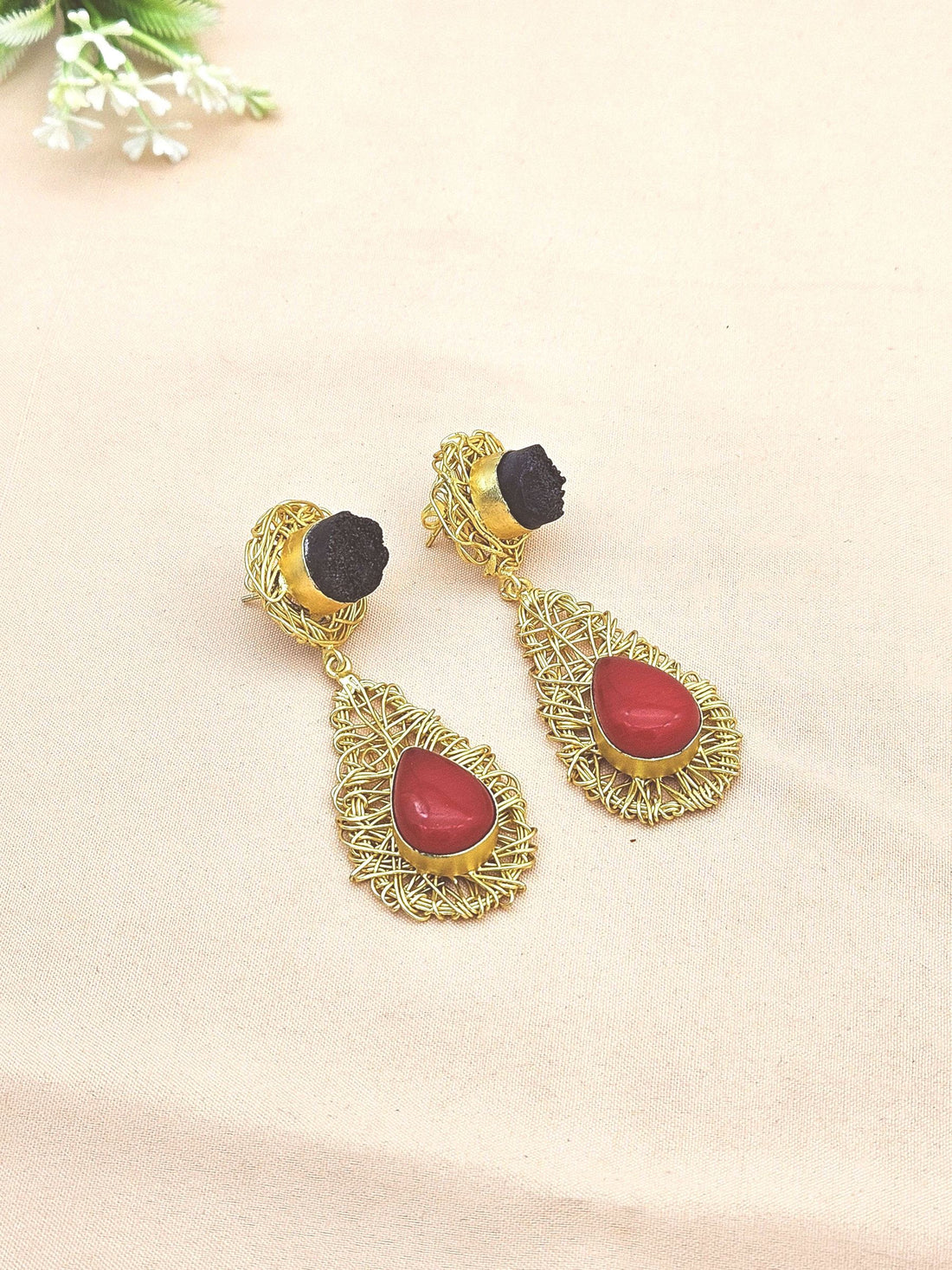Artistic Handcrafted  Golden Black Druzy-Coral Gem Stone Wire Wrapped Dangle Drop Earrings