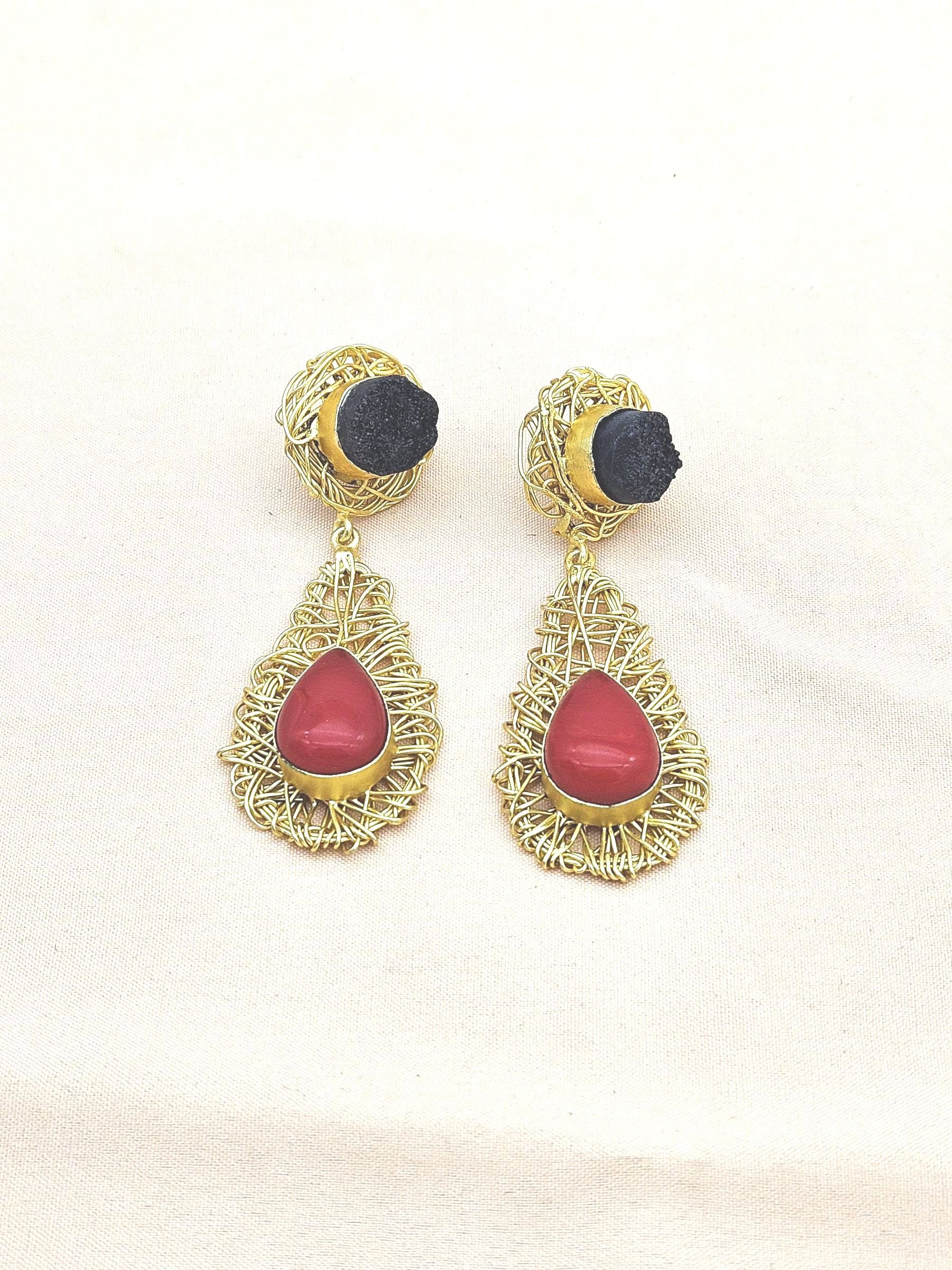 Artistic Handcrafted  Golden Black Druzy-Coral Gem Stone Wire Wrapped Dangle Drop Earrings