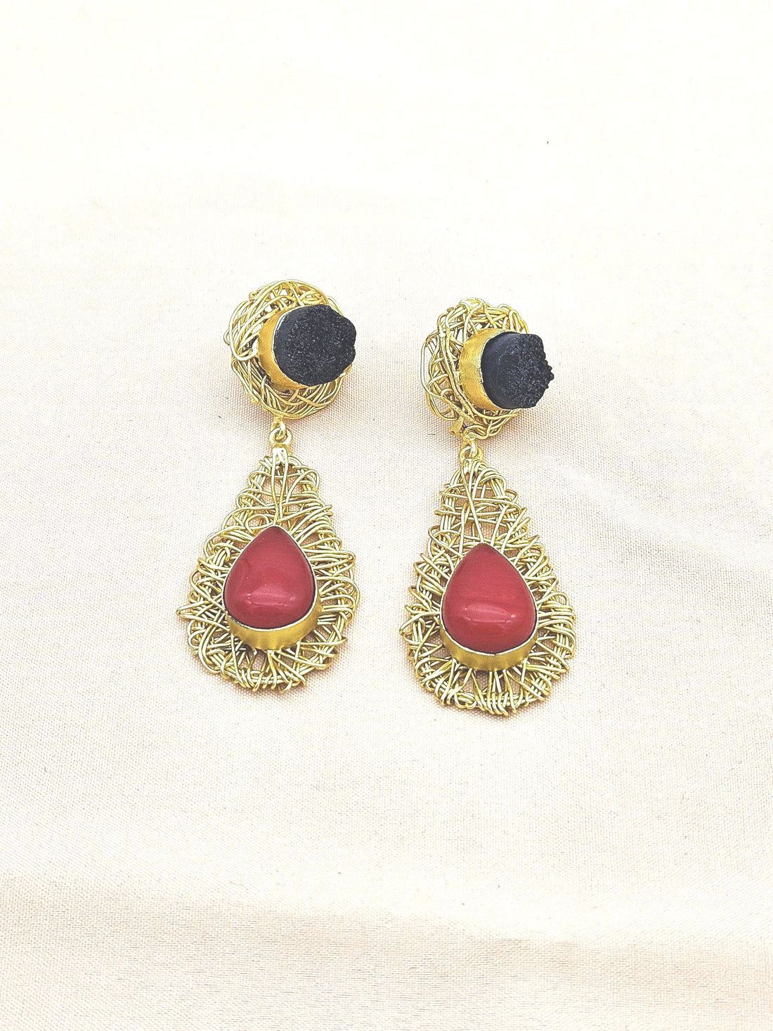 Artistic Handcrafted  Golden Black Druzy-Coral Gem Stone Wire Wrapped Dangle Drop Earrings