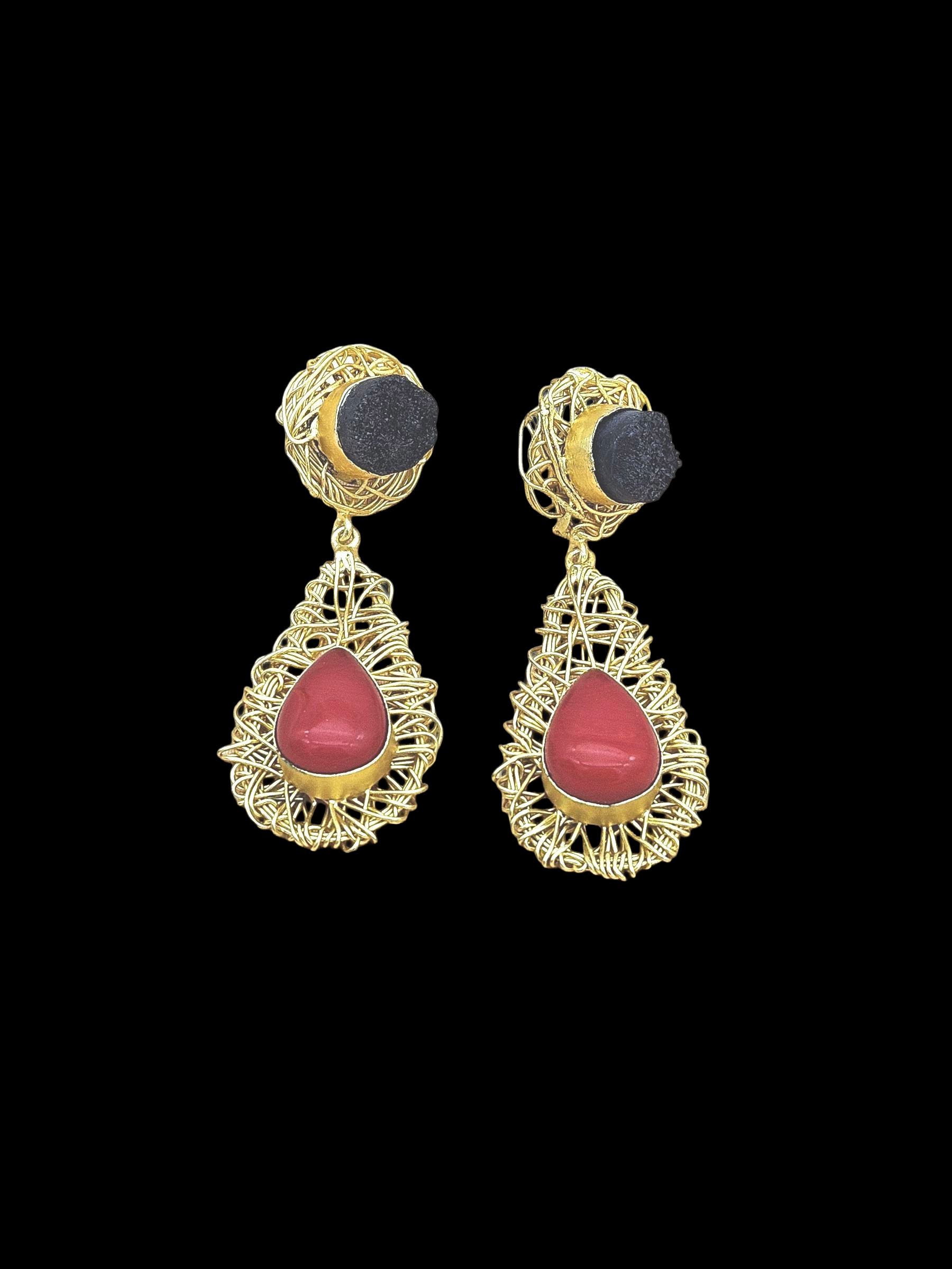 Artistic Handcrafted  Golden Black Druzy-Coral Gem Stone Wire Wrapped Dangle Drop Earrings