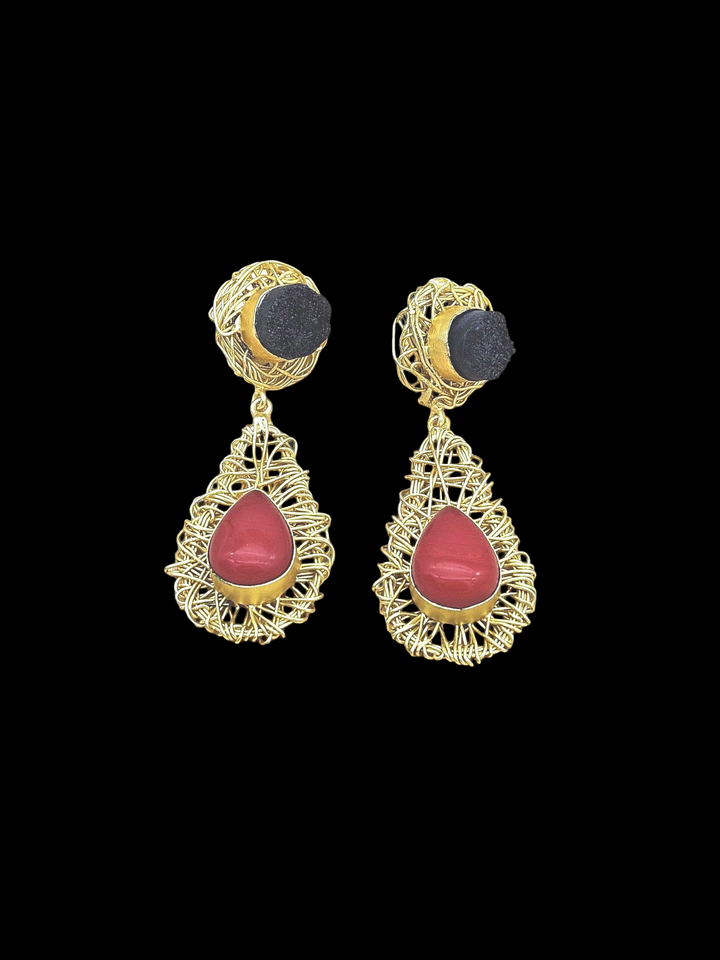 Artistic Handcrafted  Golden Black Druzy-Coral Gem Stone Wire Wrapped Dangle Drop Earrings
