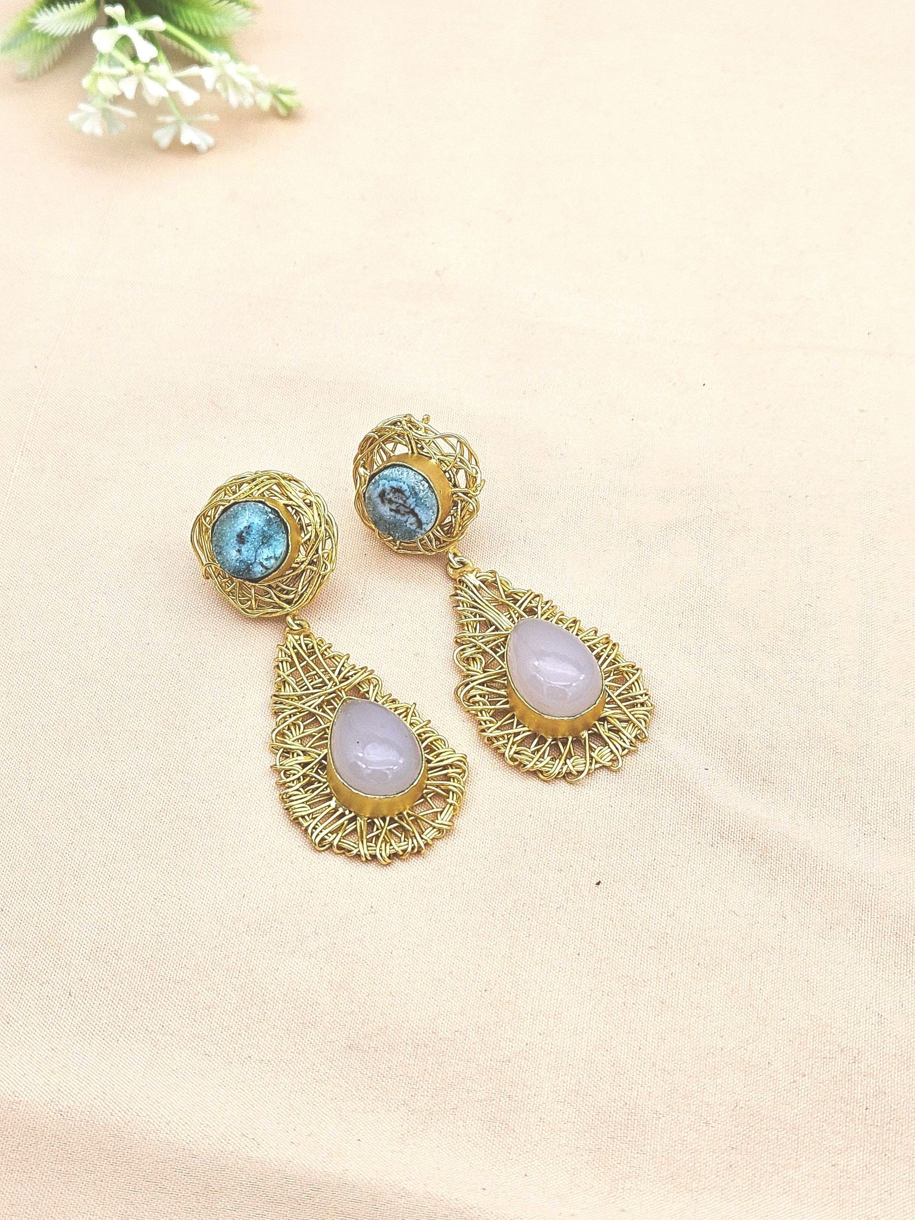Artistic Handcrafted  Golden Rose Quartz-Blue Solar Quartz Gem Stone Wire Wrapped Dangle Drop Earrings