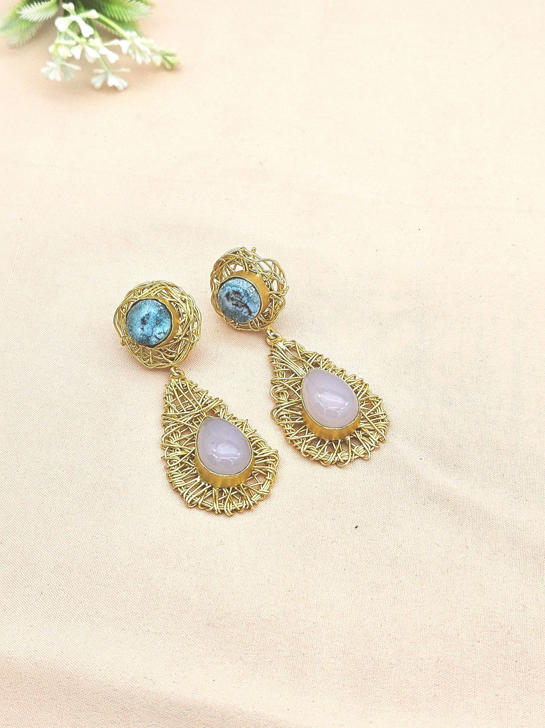Artistic Handcrafted  Golden Rose Quartz-Blue Solar Quartz Gem Stone Wire Wrapped Dangle Drop Earrings