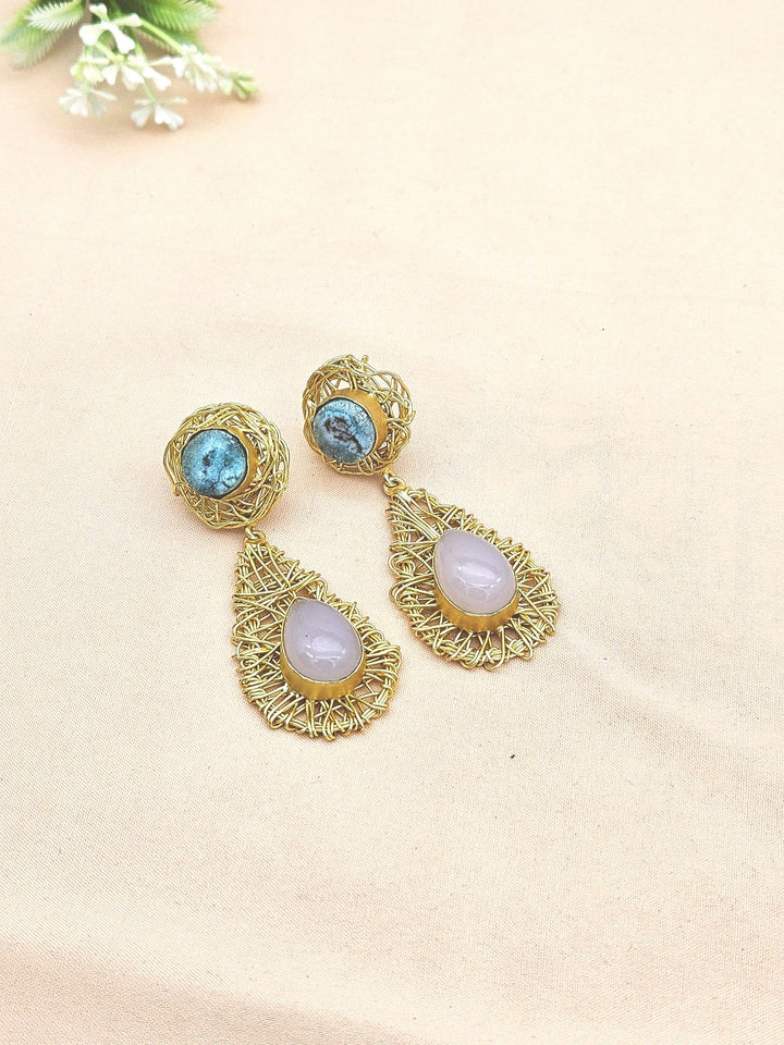 Artistic Handcrafted  Golden Rose Quartz-Blue Solar Quartz Gem Stone Wire Wrapped Dangle Drop Earrings