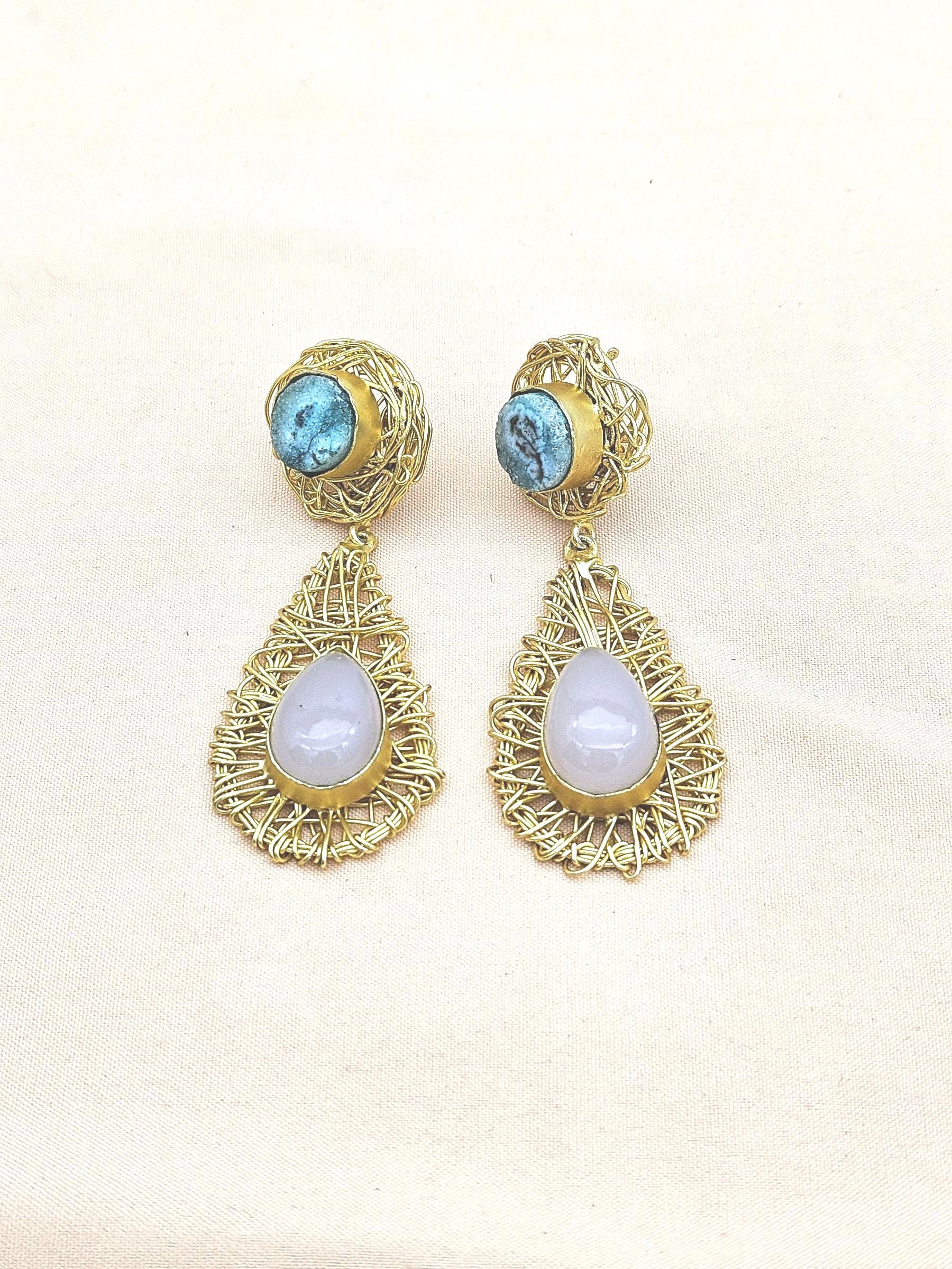 Artistic Handcrafted  Golden Rose Quartz-Blue Solar Quartz Gem Stone Wire Wrapped Dangle Drop Earrings