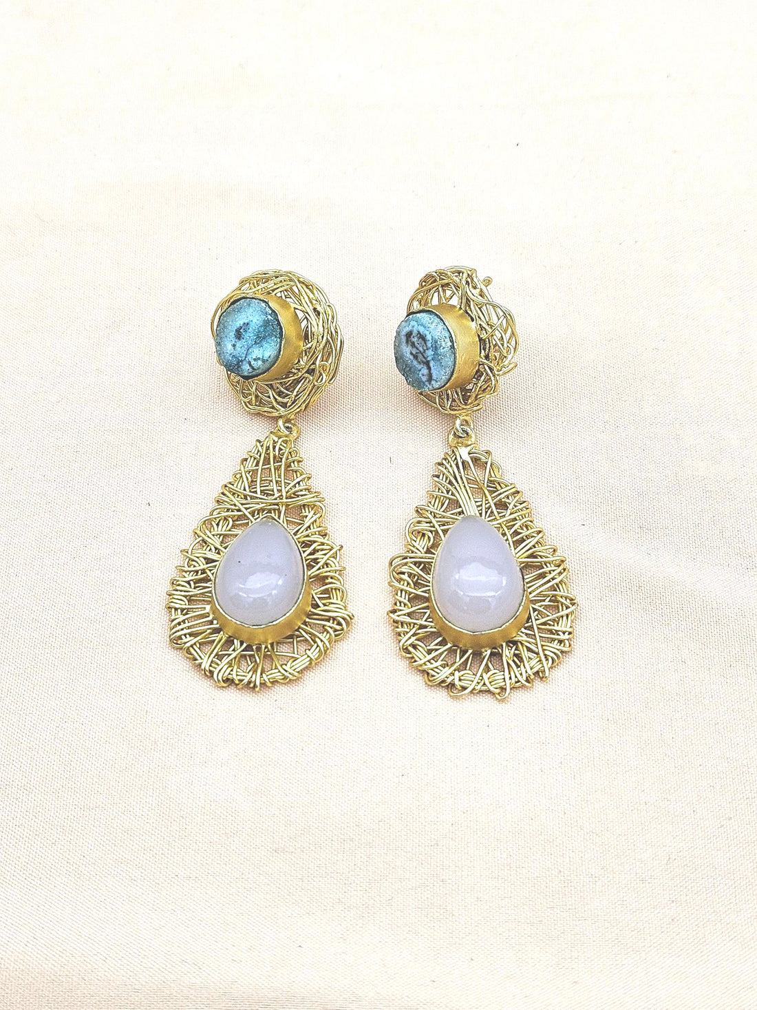 Artistic Handcrafted  Golden Rose Quartz-Blue Solar Quartz Gem Stone Wire Wrapped Dangle Drop Earrings
