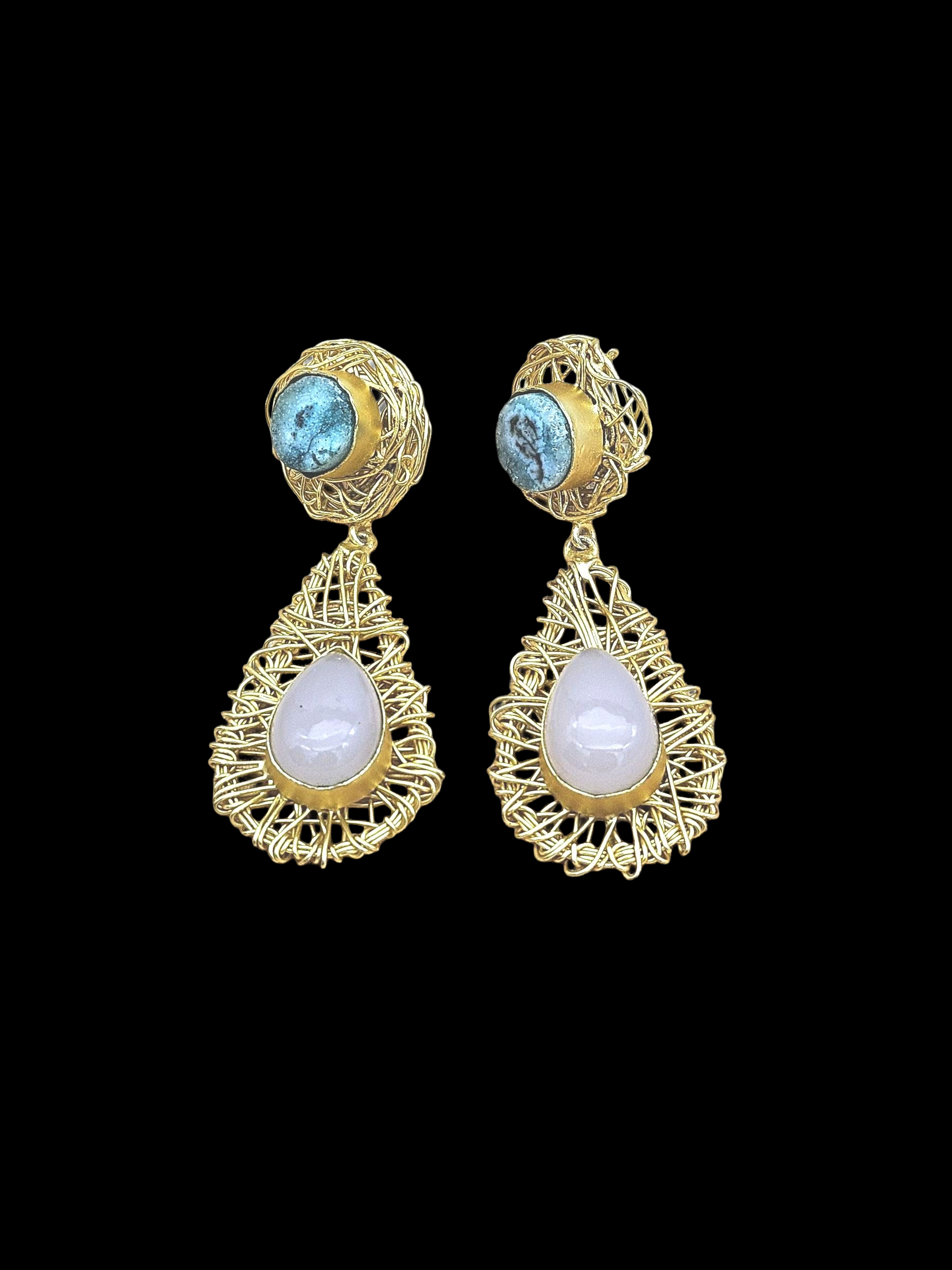 Artistic Handcrafted  Golden Rose Quartz-Blue Solar Quartz Gem Stone Wire Wrapped Dangle Drop Earrings