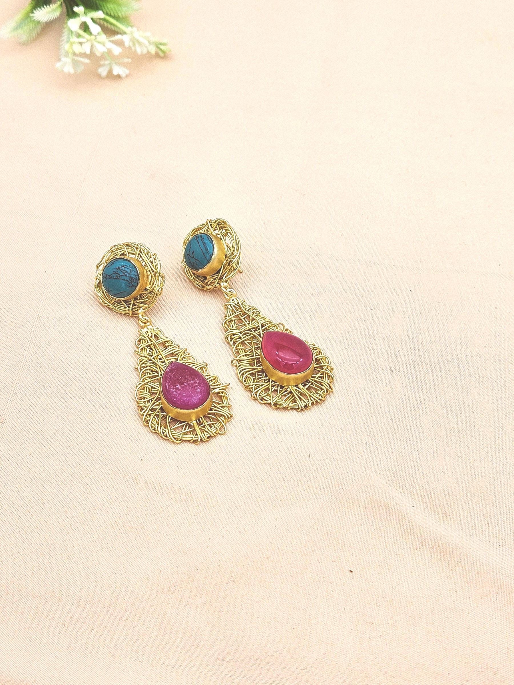 Artistic Handcrafted  Golden Turquoise-Pink Onyx Gem Stone Wire Wrapped Dangle Drop Earrings