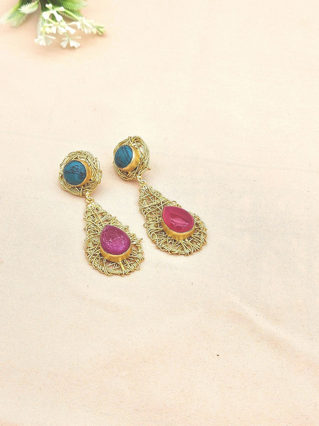 Artistic Handcrafted  Golden Turquoise-Pink Onyx Gem Stone Wire Wrapped Dangle Drop Earrings