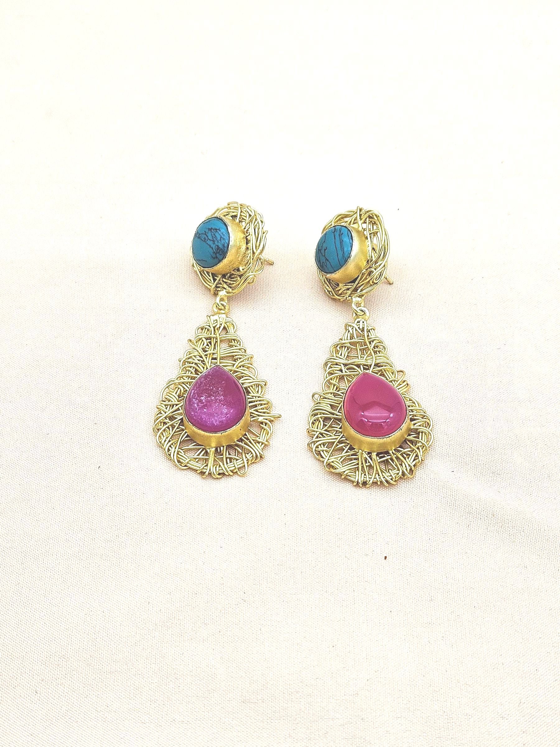 Artistic Handcrafted  Golden Turquoise-Pink Onyx Gem Stone Wire Wrapped Dangle Drop Earrings