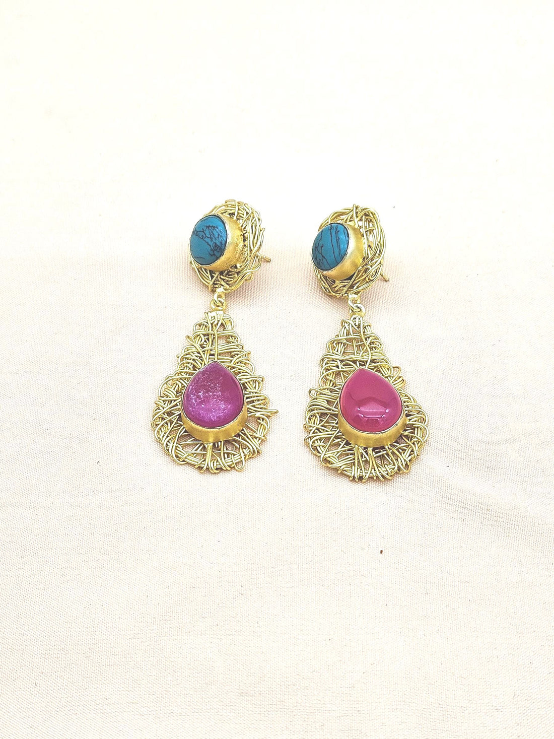 Artistic Handcrafted  Golden Turquoise-Pink Onyx Gem Stone Wire Wrapped Dangle Drop Earrings