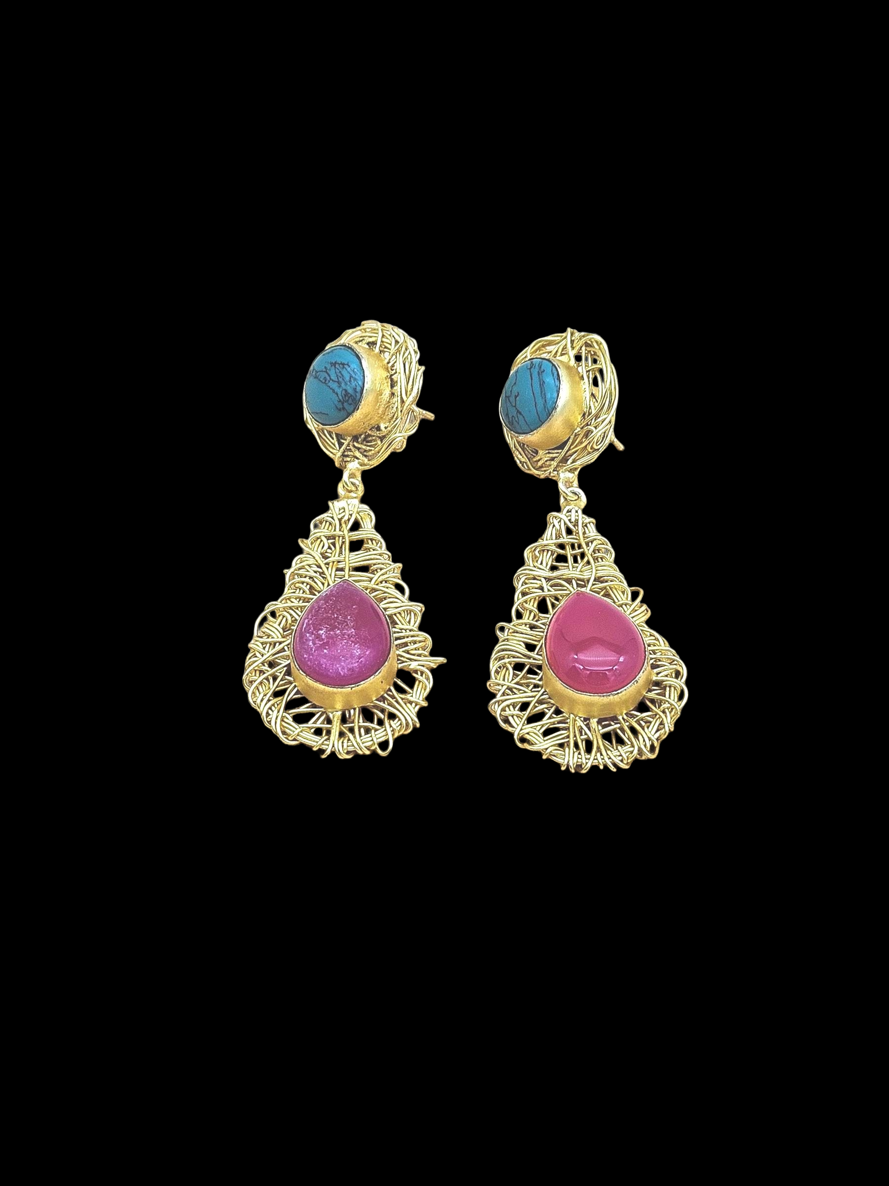 Artistic Handcrafted  Golden Turquoise-Pink Onyx Gem Stone Wire Wrapped Dangle Drop Earrings
