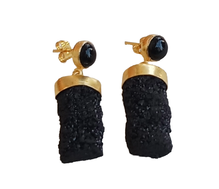 Handcrafted Gold plated Black Onyx-Black Druzy Designer Dangle Drop Earrings
