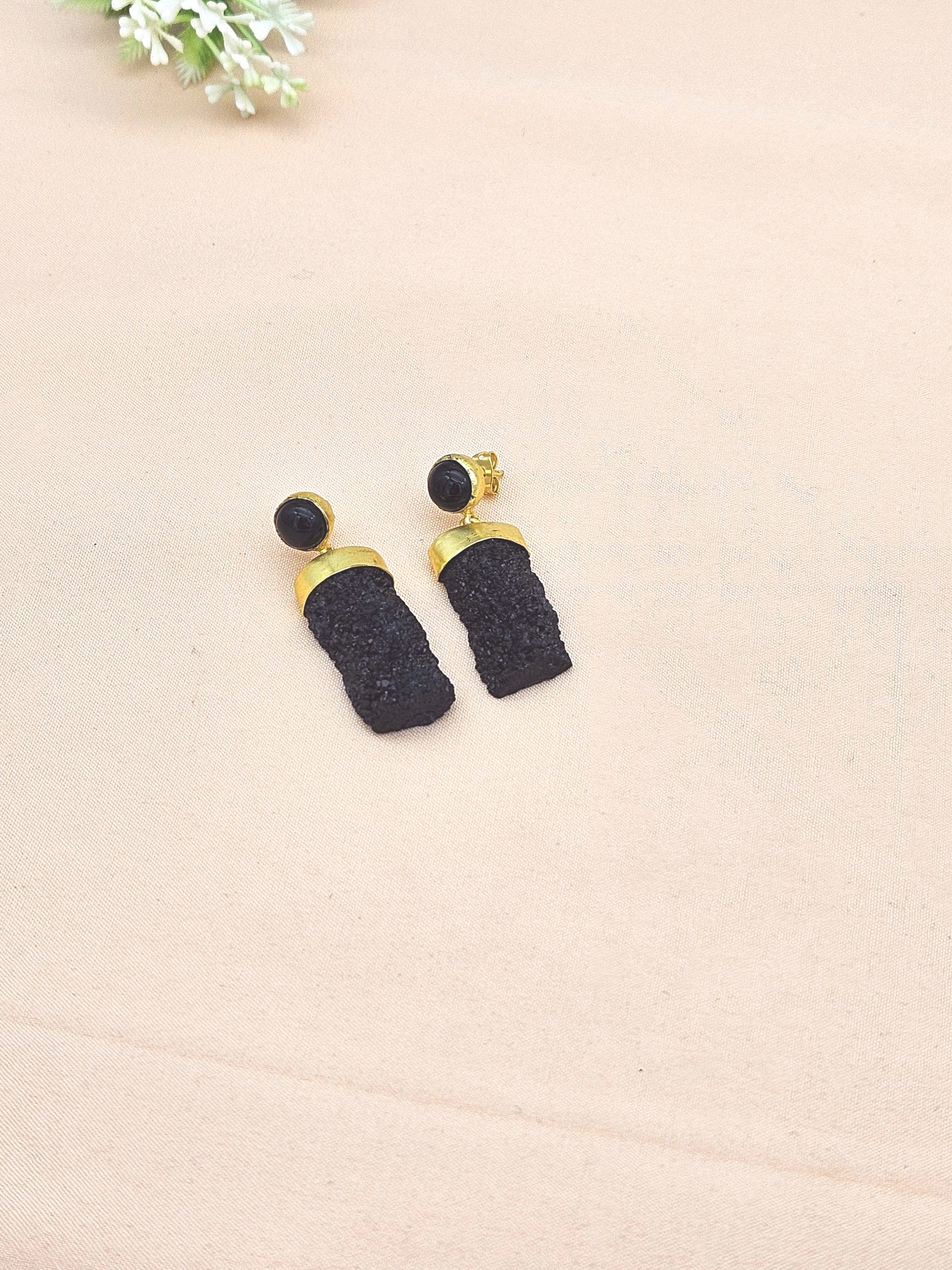 Handcrafted Gold plated Black Onyx-Black Druzy Designer Dangle Drop Earrings