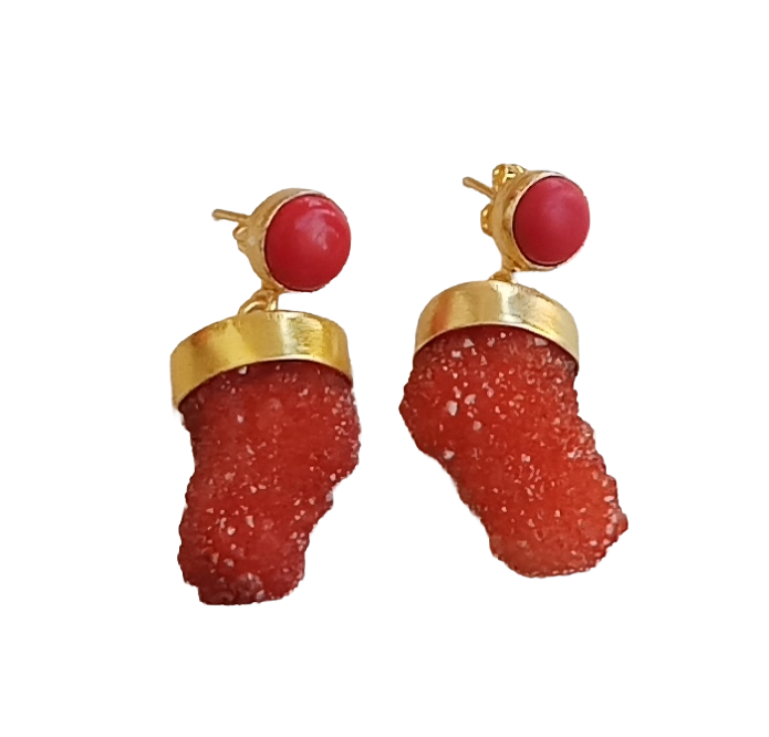 Handcrafted Gold plated Coral Druzy cute Designer Dangle Drop Earrings