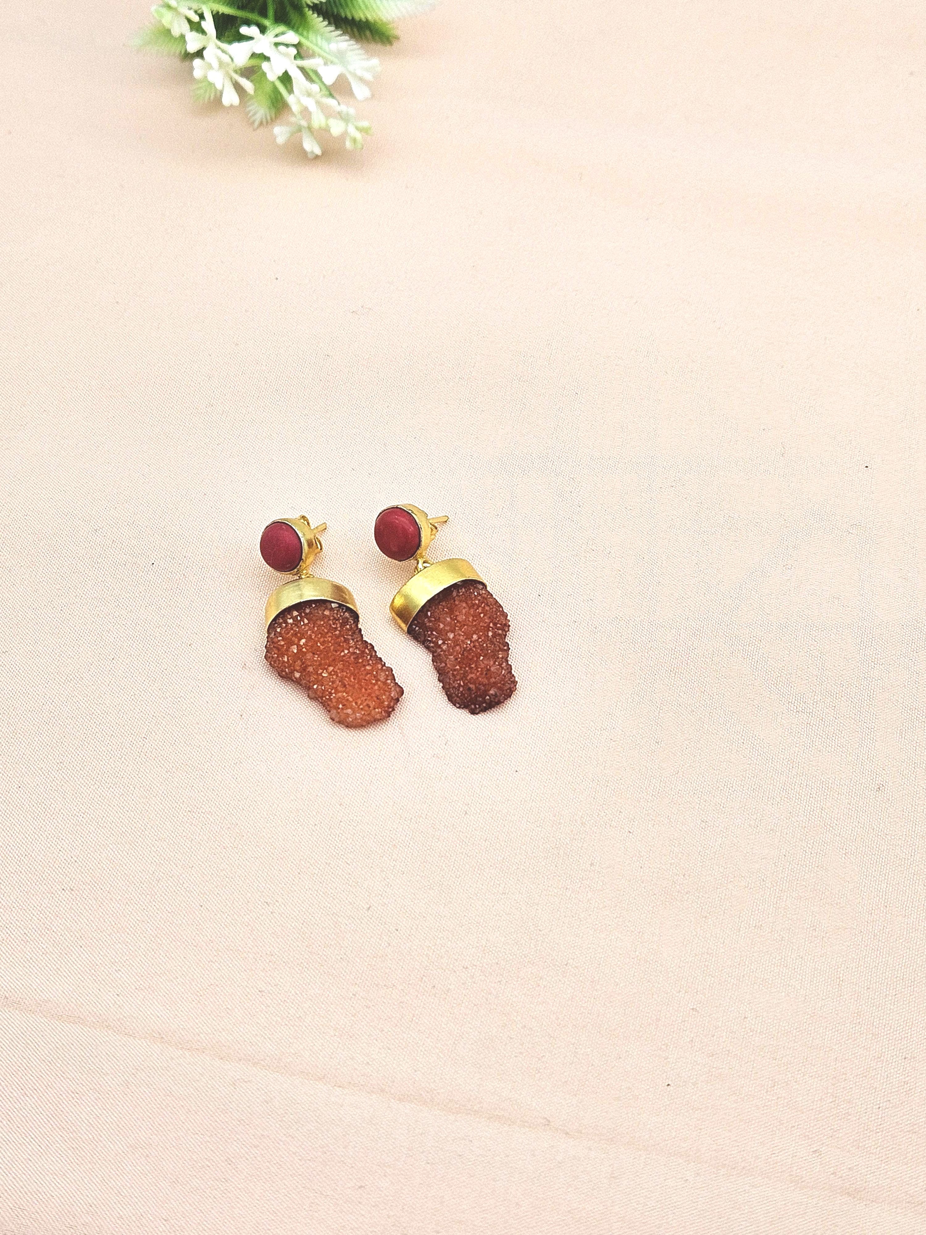 Handcrafted Gold plated Coral Druzy cute Designer Dangle Drop Earrings