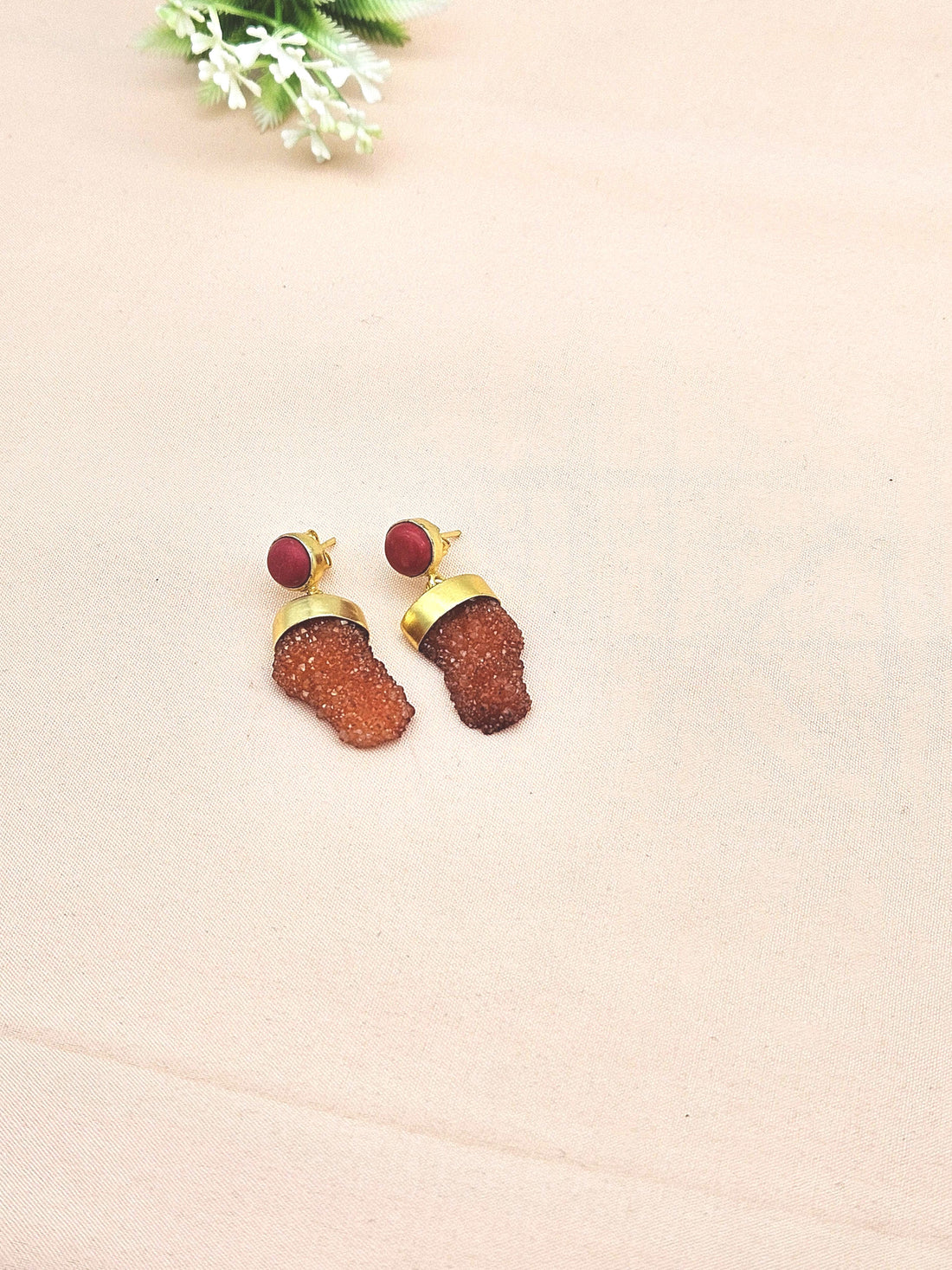 Handcrafted Gold plated Coral Druzy cute Designer Dangle Drop Earrings