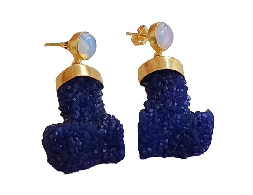 Handcrafted Gold plated Synthetic Pink Opal & Navy Blue Druzy Cute Designer Dangle Drop Earrings