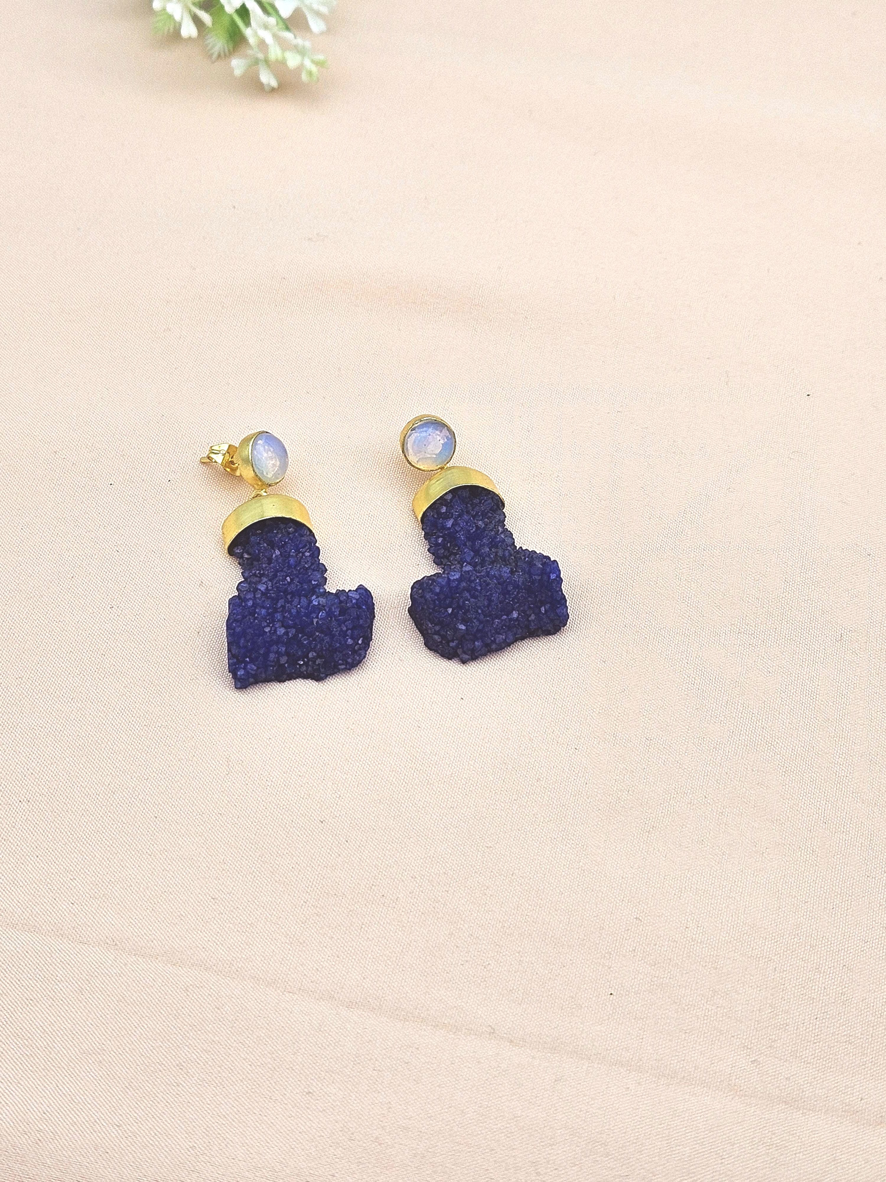 Handcrafted Gold plated Synthetic Pink Opal & Navy Blue Druzy Cute Designer Dangle Drop Earrings