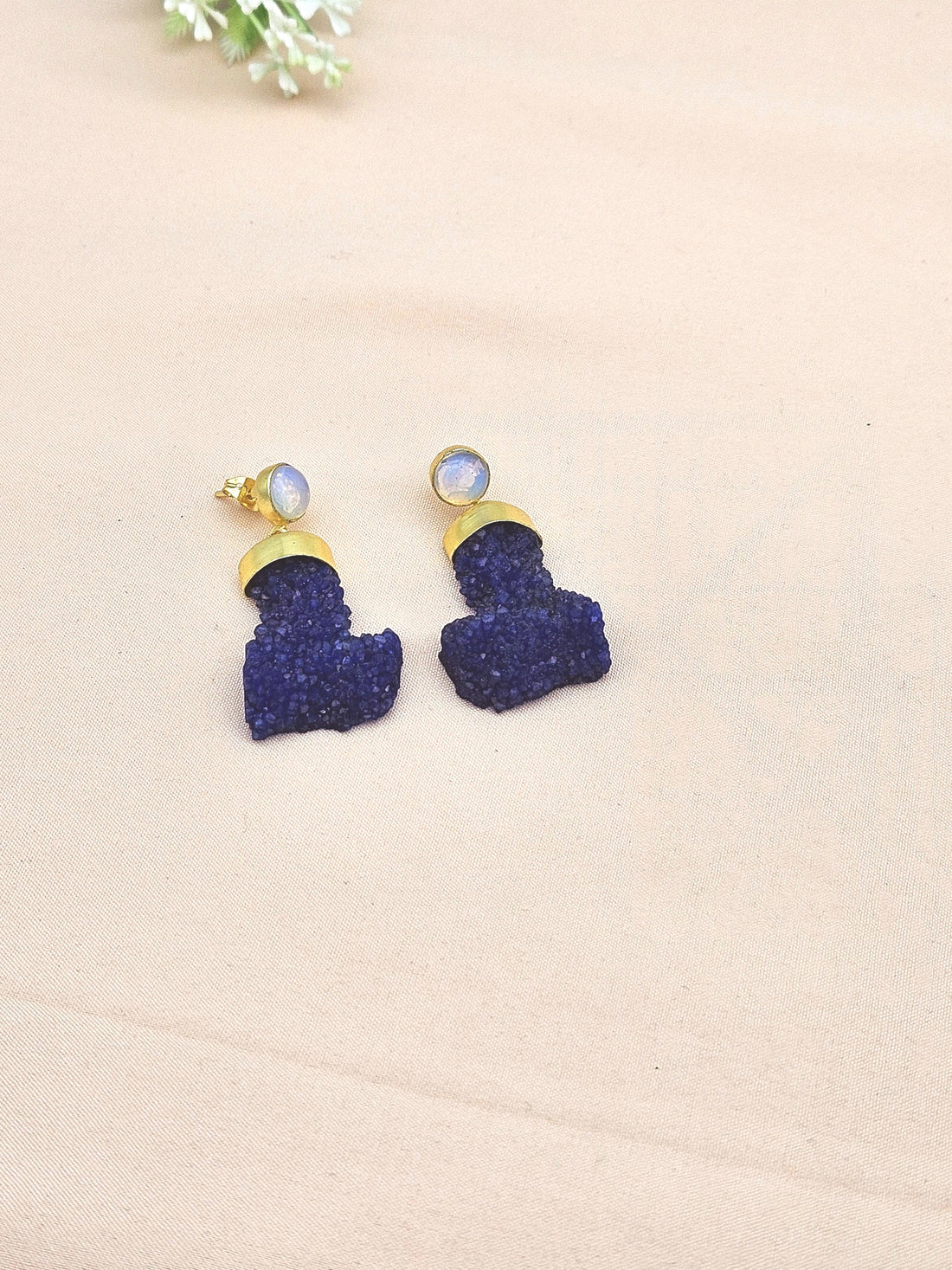 Handcrafted Gold plated Synthetic Pink Opal & Navy Blue Druzy Cute Designer Dangle Drop Earrings