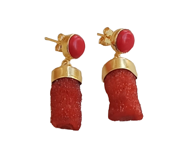 Handcrafted Gold plated Coral Druzy Cute Designer Dangle Drop Earrings