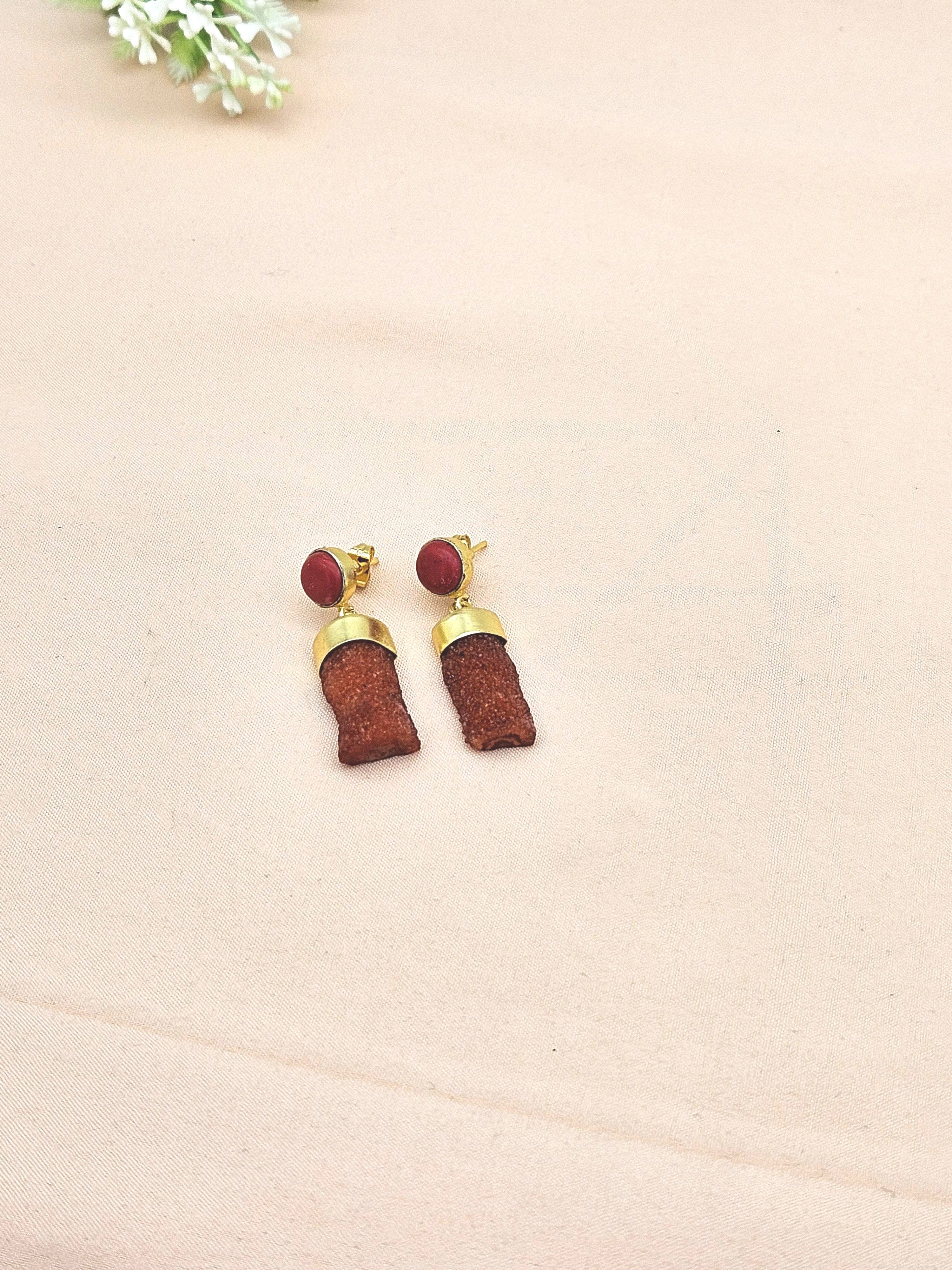 Handcrafted Gold plated Coral Druzy Cute Designer Dangle Drop Earrings