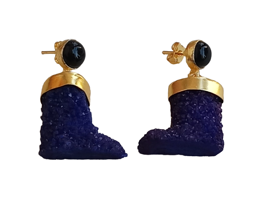 Handcrafted Gold plated Black Onyx-Blue Druzy Cute Designer Dangle Drop Earrings