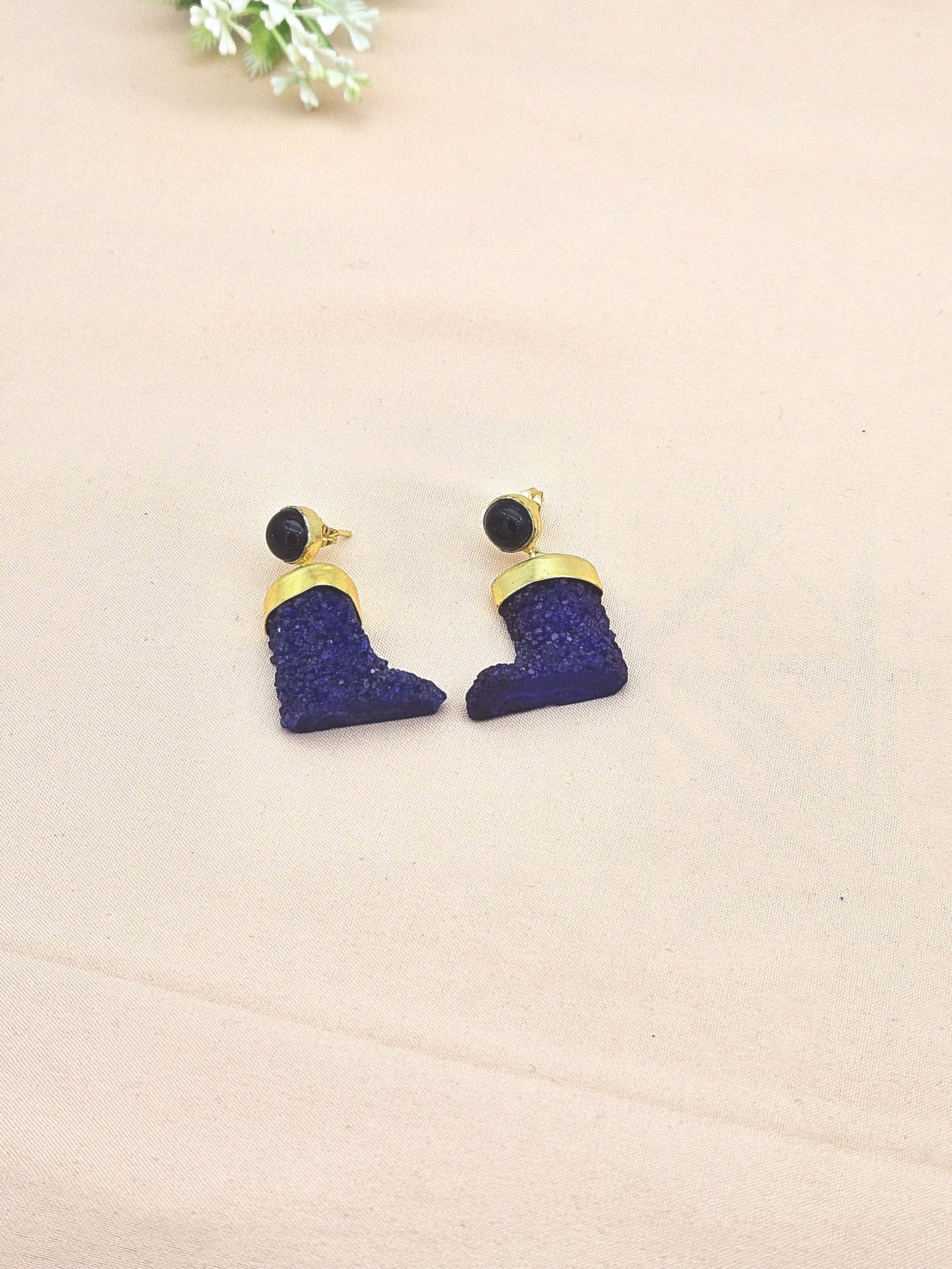 Handcrafted Gold plated Black Onyx-Blue Druzy Cute Designer Dangle Drop Earrings