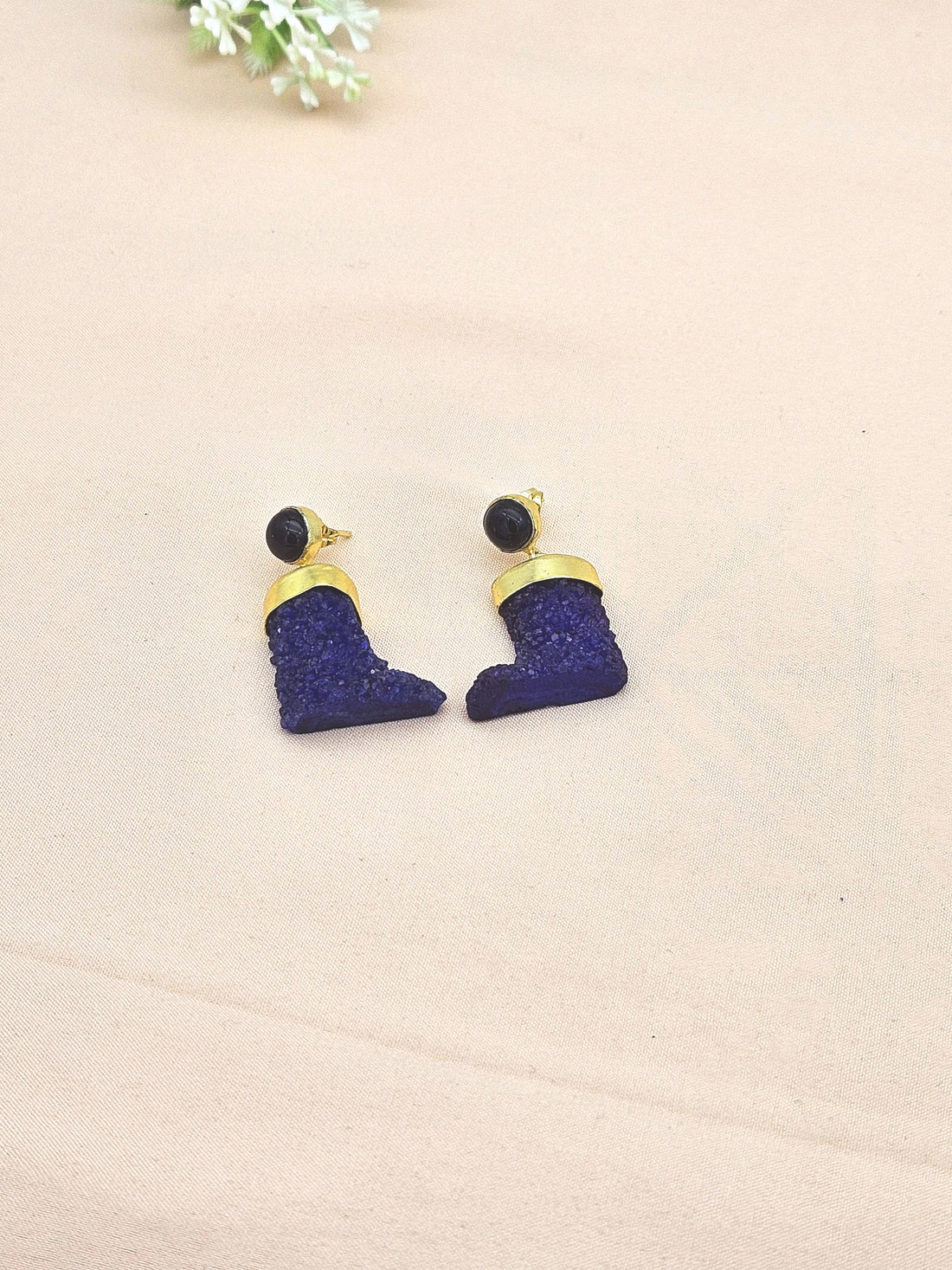 Handcrafted Gold plated Black Onyx-Blue Druzy Cute Designer Dangle Drop Earrings