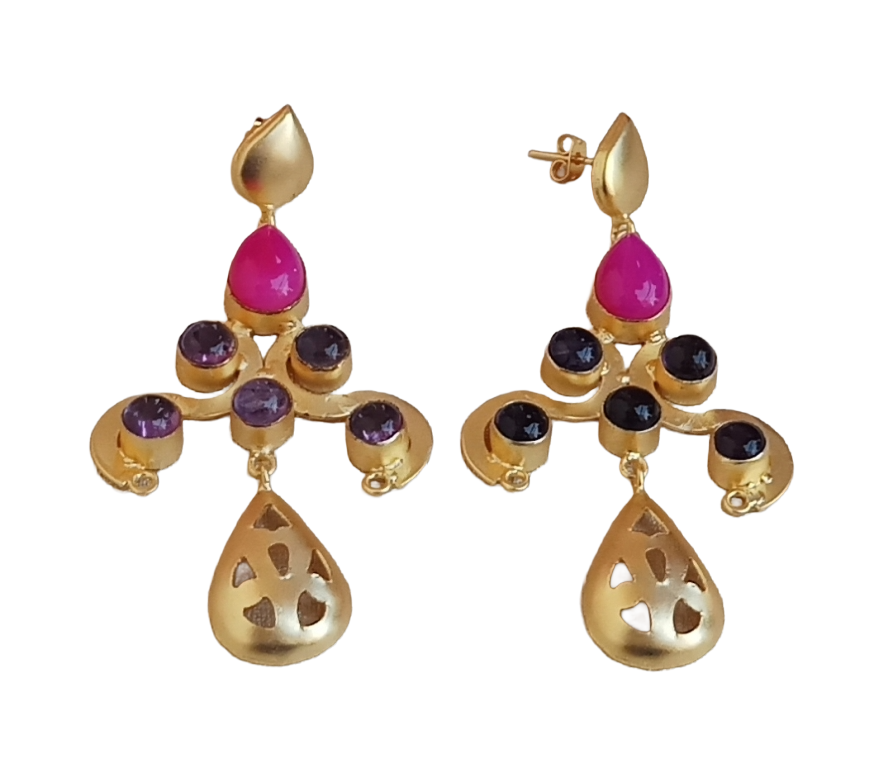 Gorgeous Gold plated Magenta Onyx-Amethyst stone Charming Designer Dangle Drop Earrings