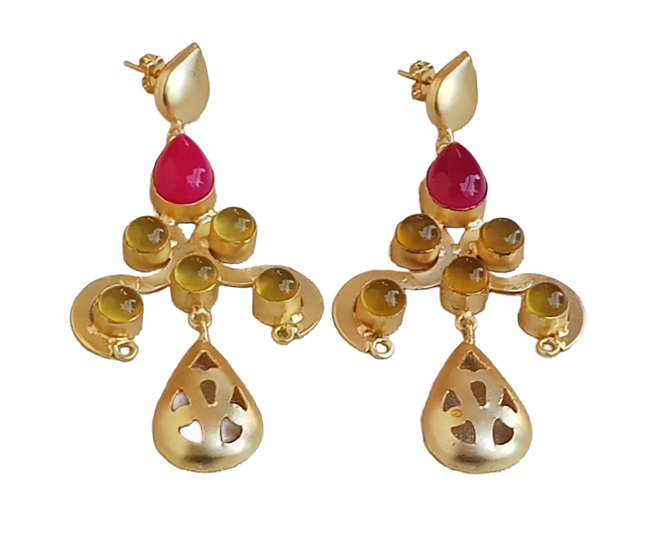 Gorgeous Gold plated Magenta Onyx-Yellow Chalcedony stone Charming Designer Dangle Drop Earrings