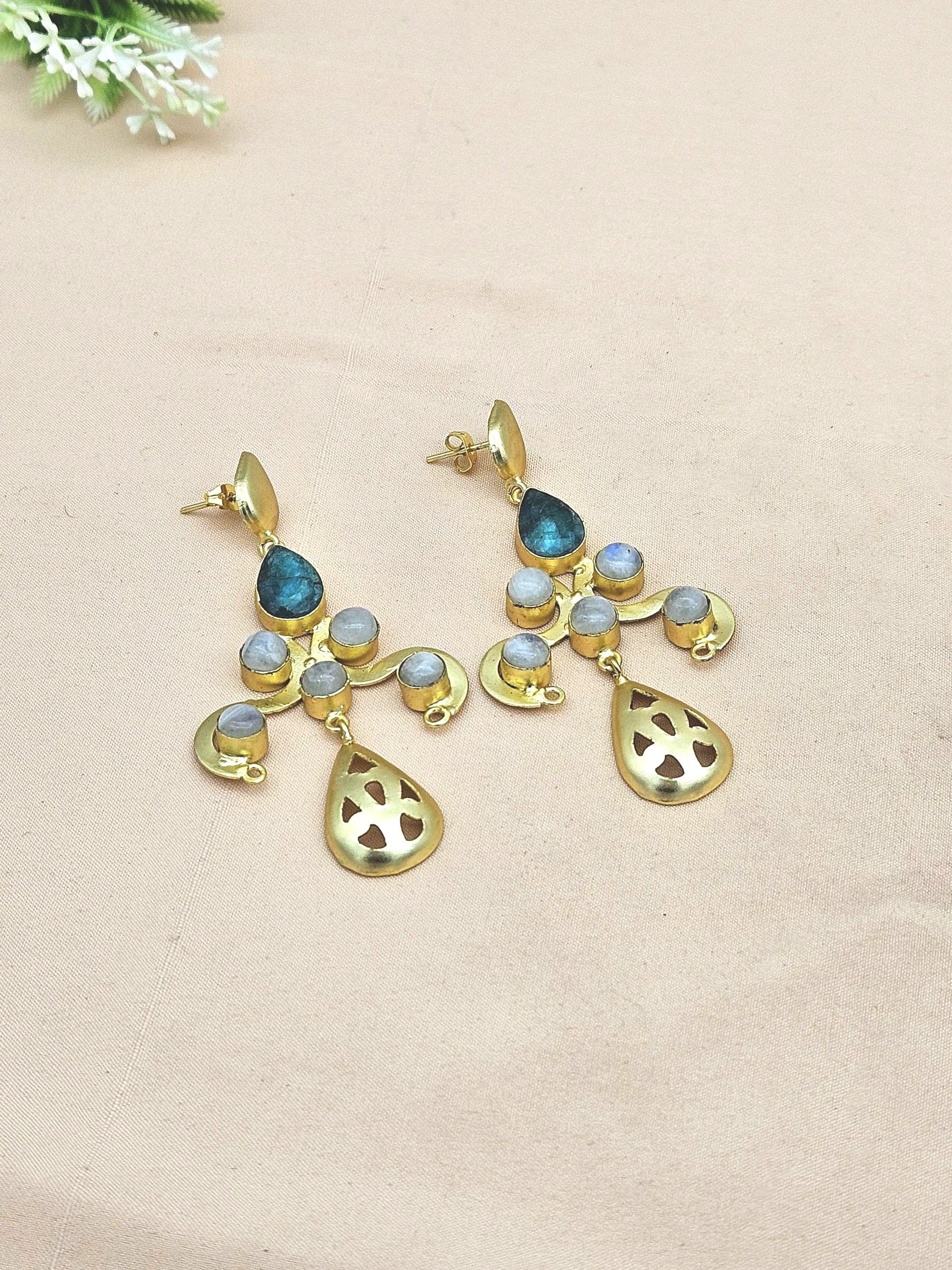 Gorgeous Gold plated Green Hathipara-White Rainbow stone Charming Designer Dangle Drop Earrings