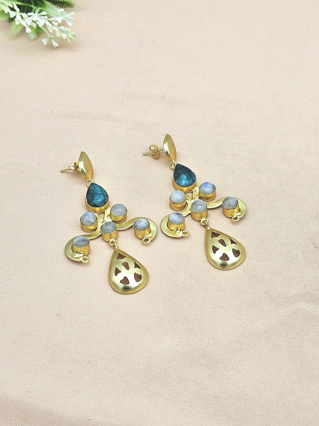 Gorgeous Gold plated Green Hathipara-White Rainbow stone Charming Designer Dangle Drop Earrings