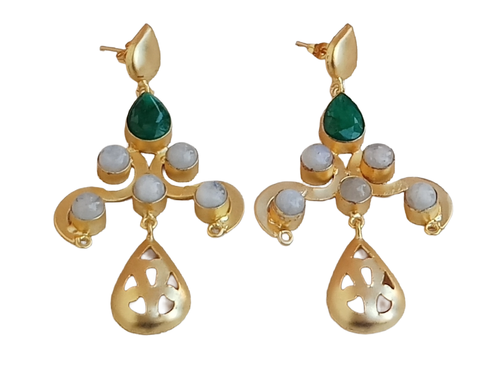 Gorgeous Gold plated Green Hathipara-White Rainbow stone Charming Designer Dangle Drop Earrings