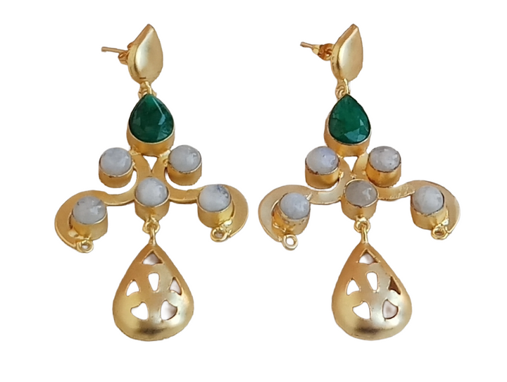 Gorgeous Gold plated Green Hathipara-White Rainbow stone Charming Designer Dangle Drop Earrings