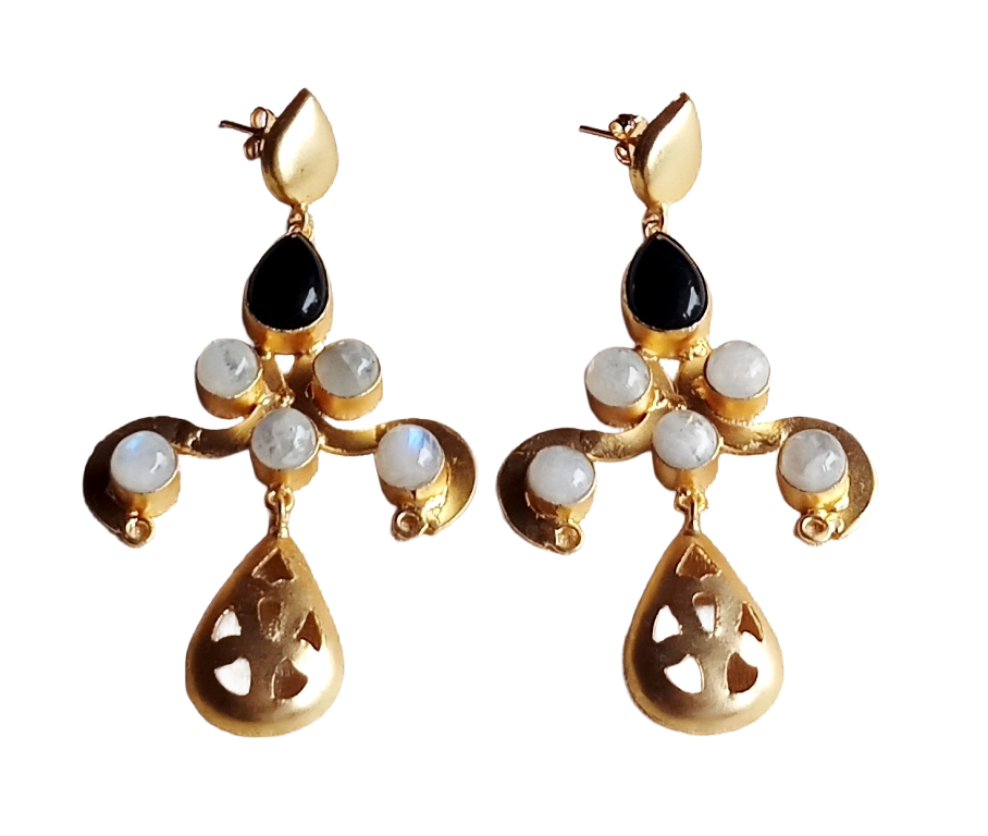 Gorgeous Gold plated Black Onyx-White Rainbow stone Charming Designer Dangle Drop Earrings