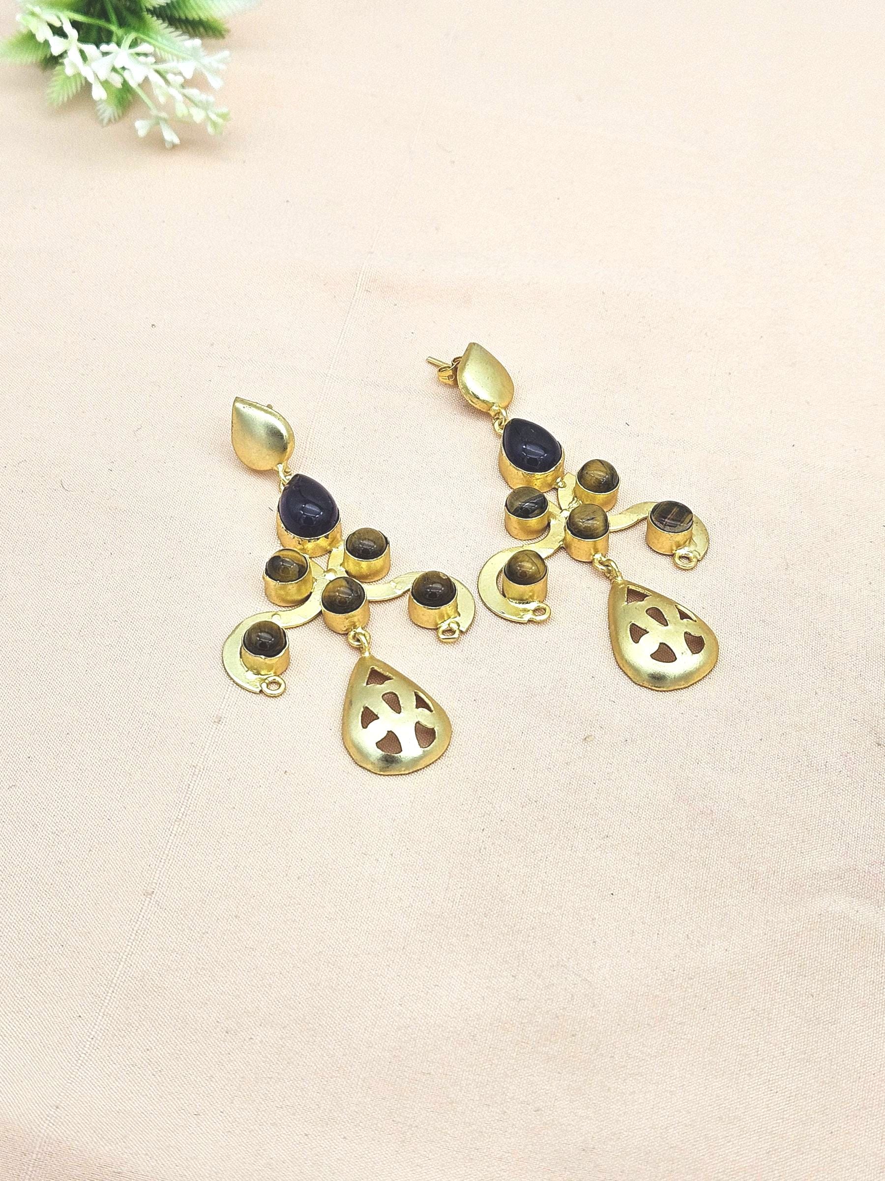 Gorgeous Gold plated Amethyst-Tiger Eye stone Charming Designer Dangle Drop Earrings