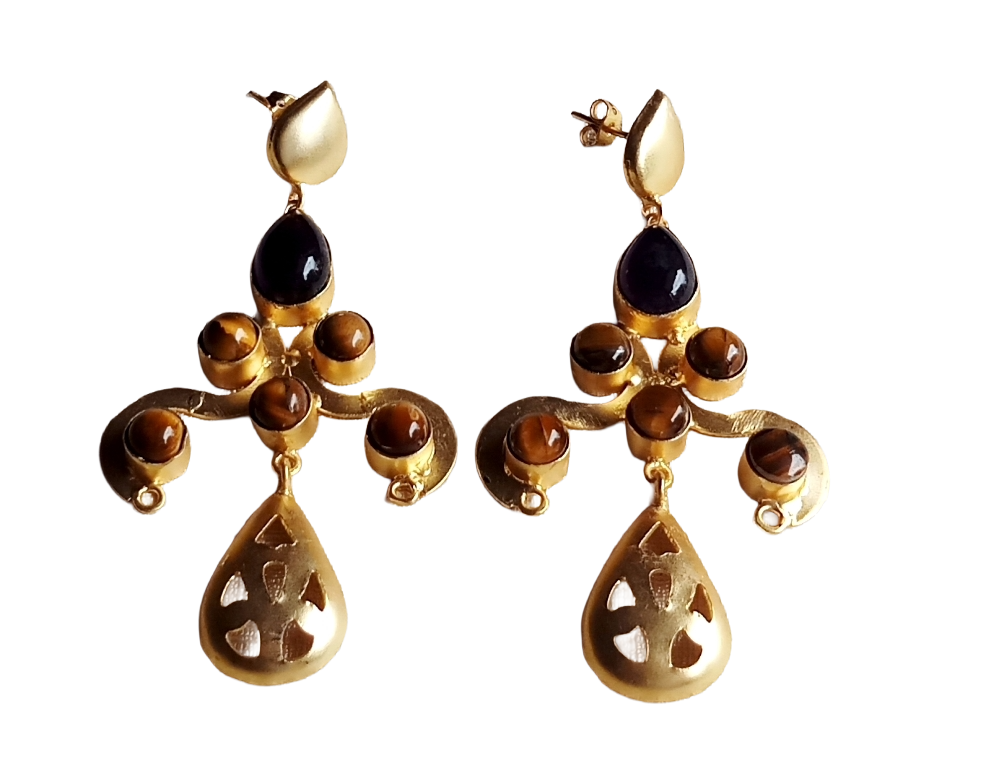 Gorgeous Gold plated Amethyst-Tiger Eye stone Charming Designer Dangle Drop Earrings
