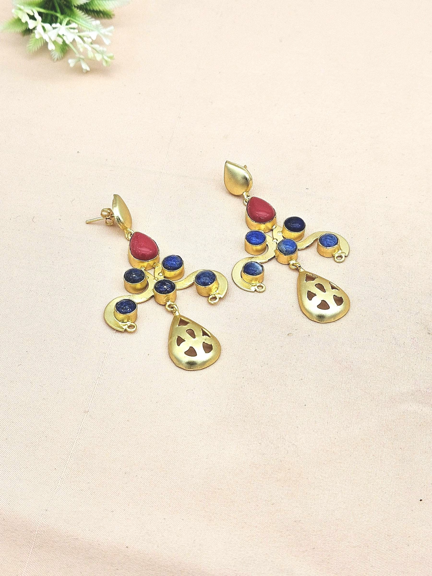 Gorgeous Gold plated Coral-Lapis stone Charming Designer Dangle Drop Earrings